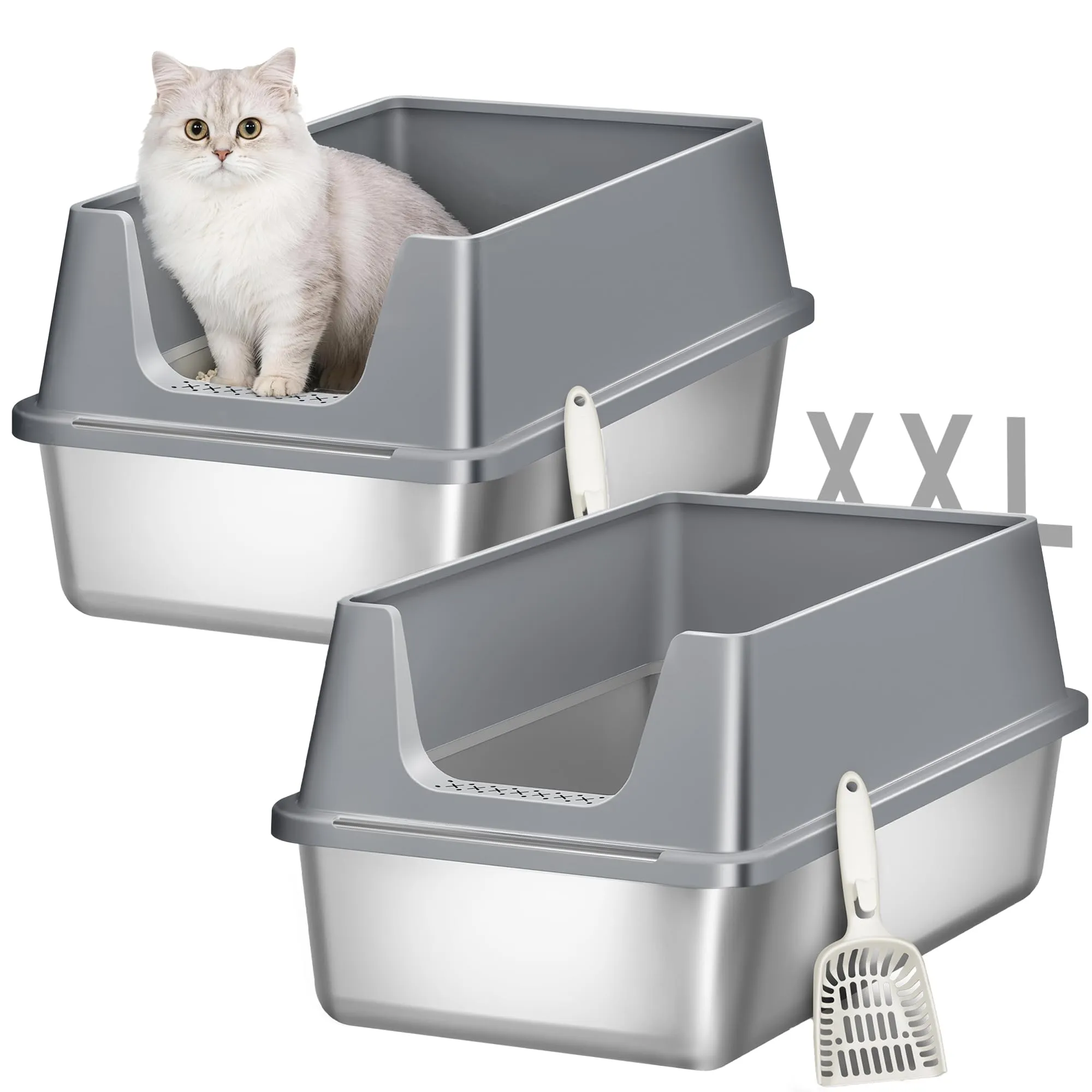 Fobyfurny Lettiera in Acciaio per Gatti da 2, 60,5x40x29cm, Grigio Scuro - immagine 1