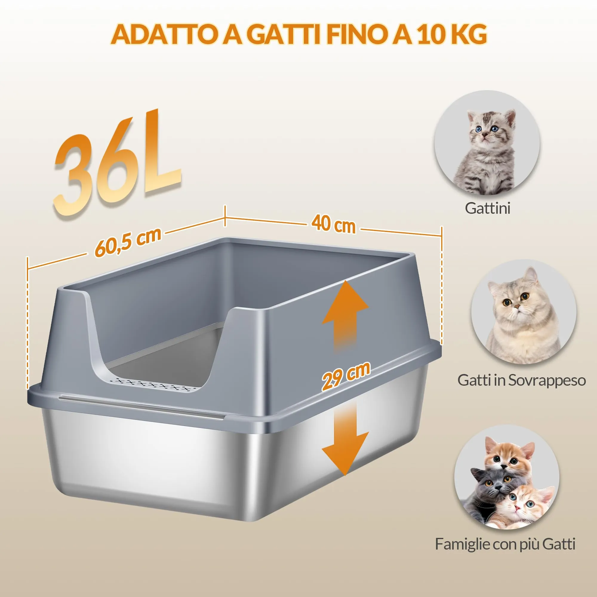Fobyfurny Lettiera in Acciaio per Gatti da 2, 60,5x40x29cm, Grigio Scuro - immagine 6