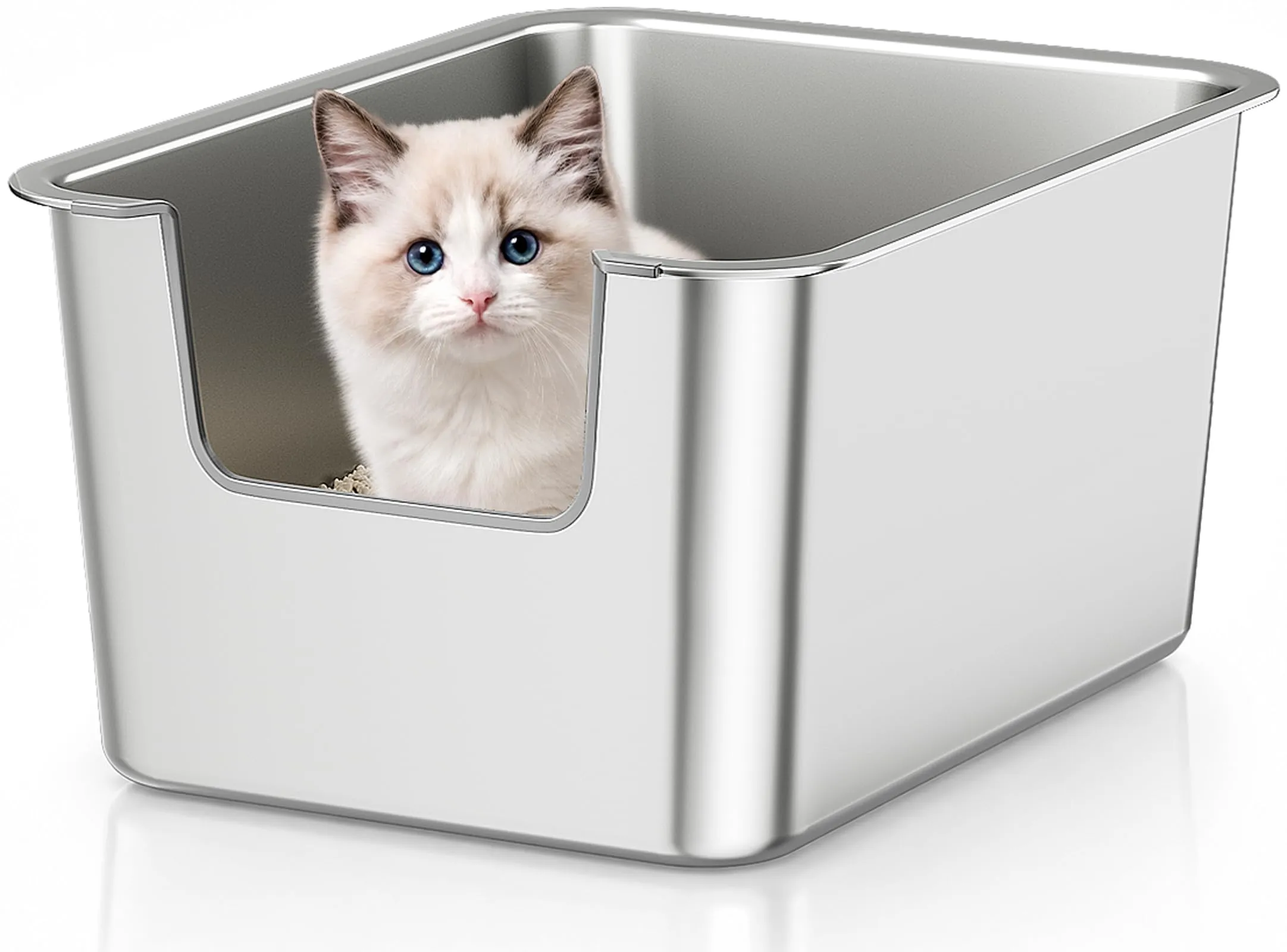 Lettiera Gatto Acciaio Inox a Bordi Alti, Toilette per Gatti Aperta - immagine 1