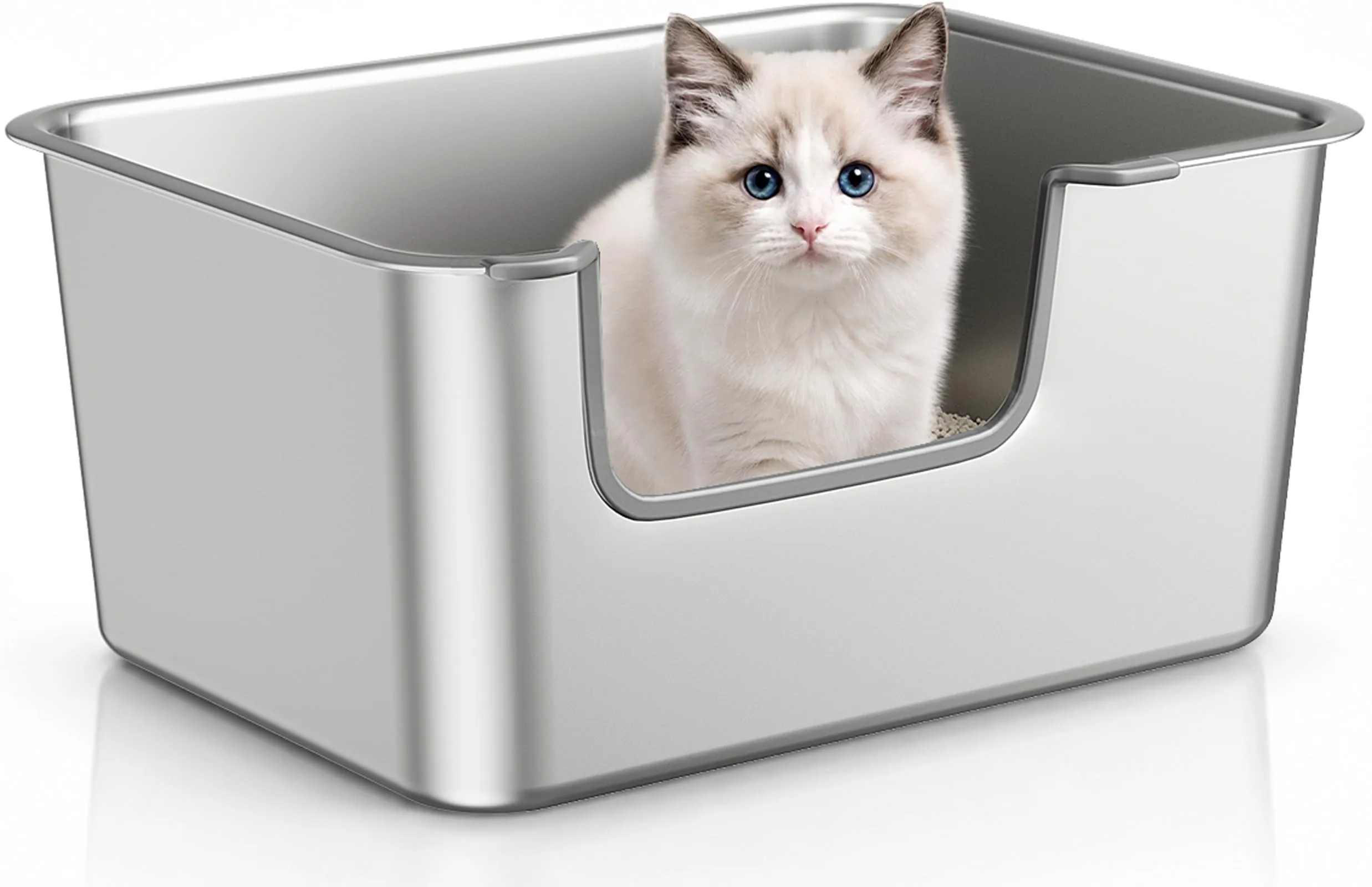 Lettiera Gatto Acciaio Inox a Bordi Alti, Toilette per Gatti Aperta - immagine 1