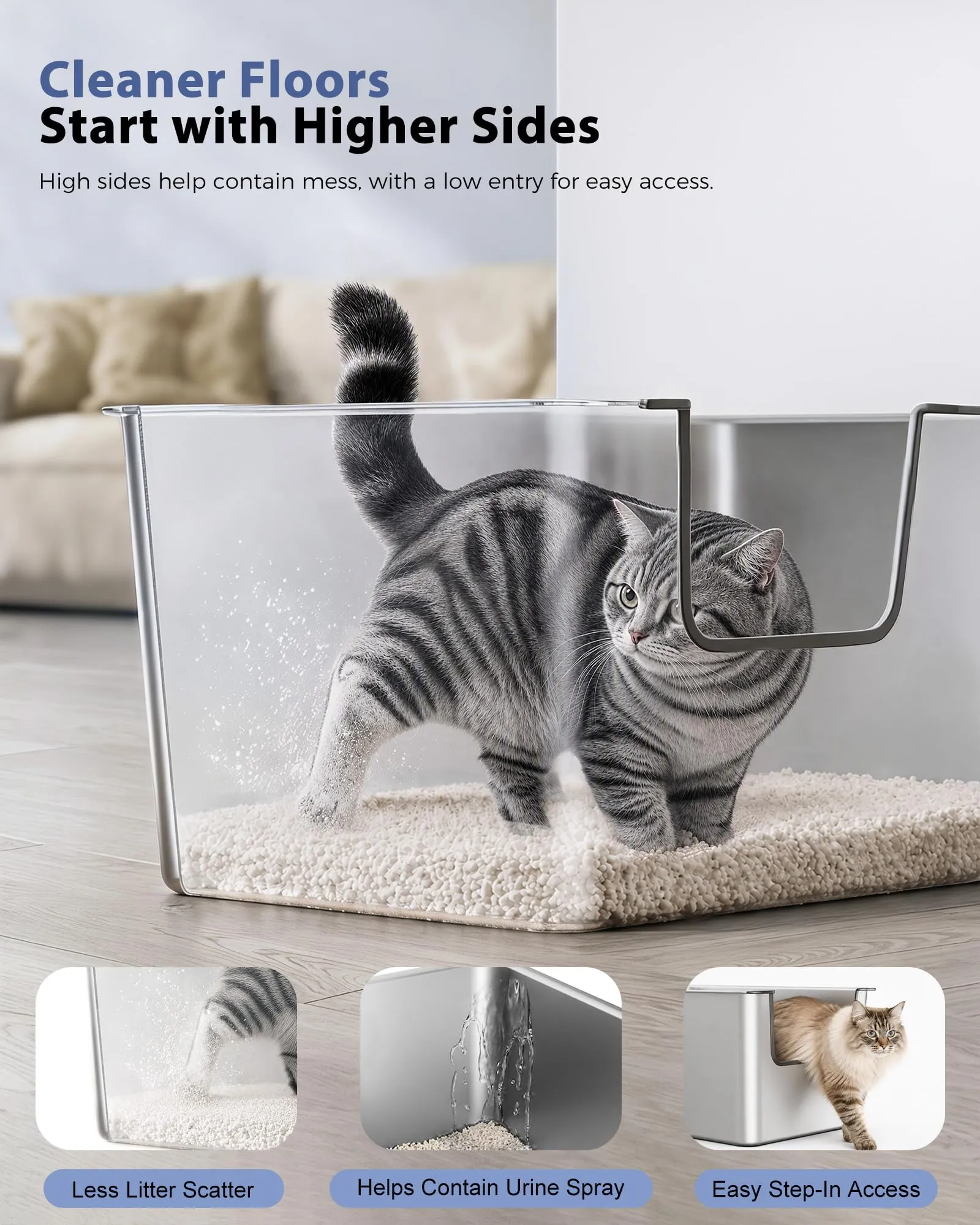 Lettiera Gatto Acciaio Inox a Bordi Alti, Toilette per Gatti Aperta - immagine 2