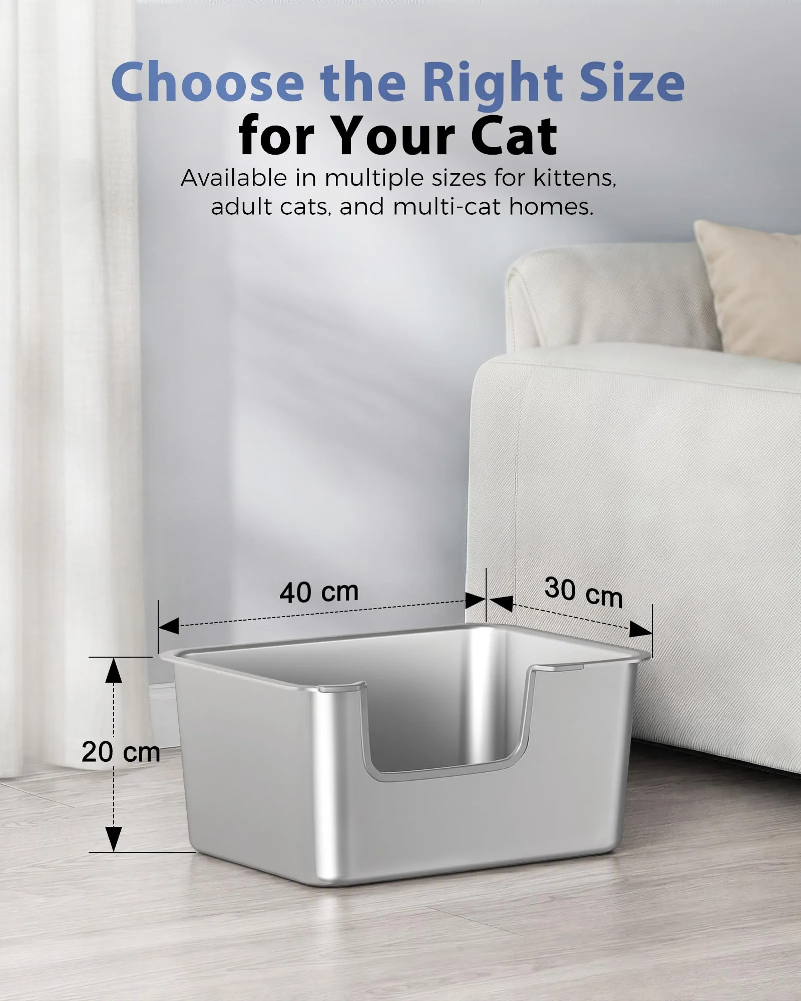 Lettiera Gatto Acciaio Inox a Bordi Alti, Toilette per Gatti Aperta - immagine 5