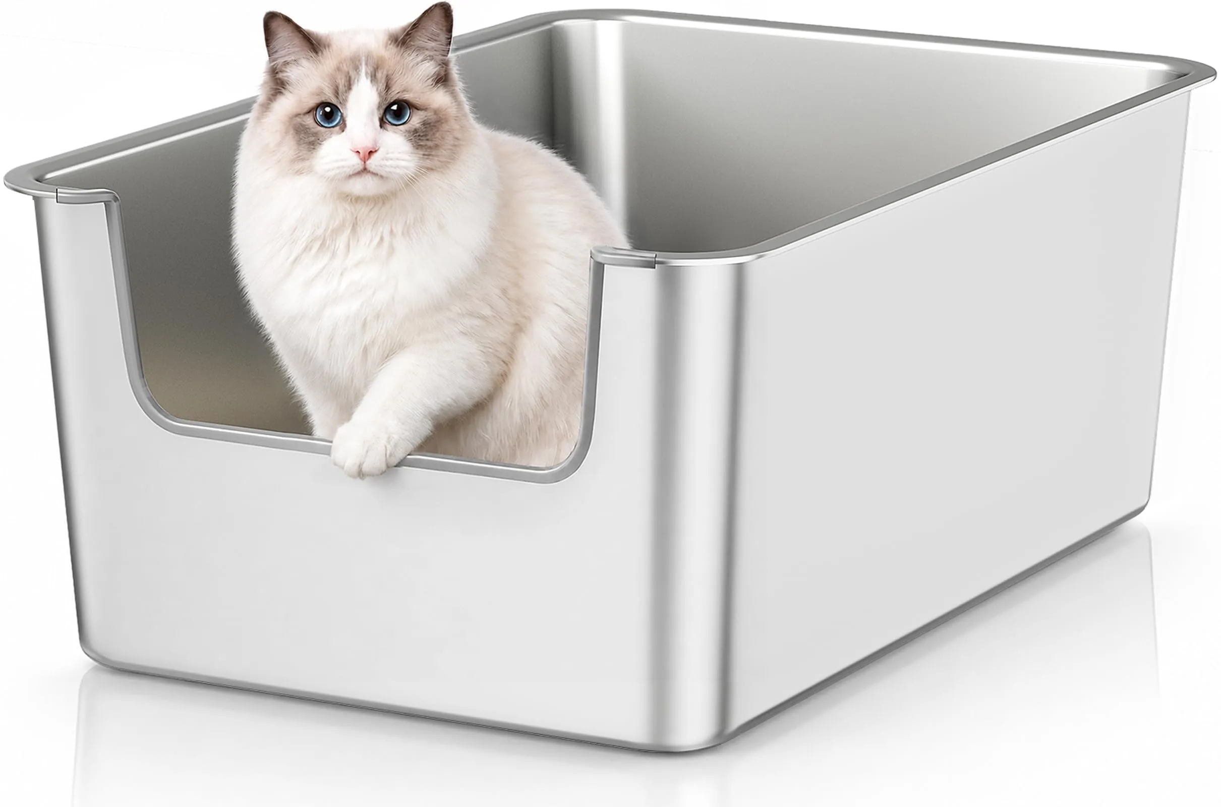 Lettiera Gatto Acciaio Inox a Bordi Alti, Toilette per Gatti Aperta - immagine 1