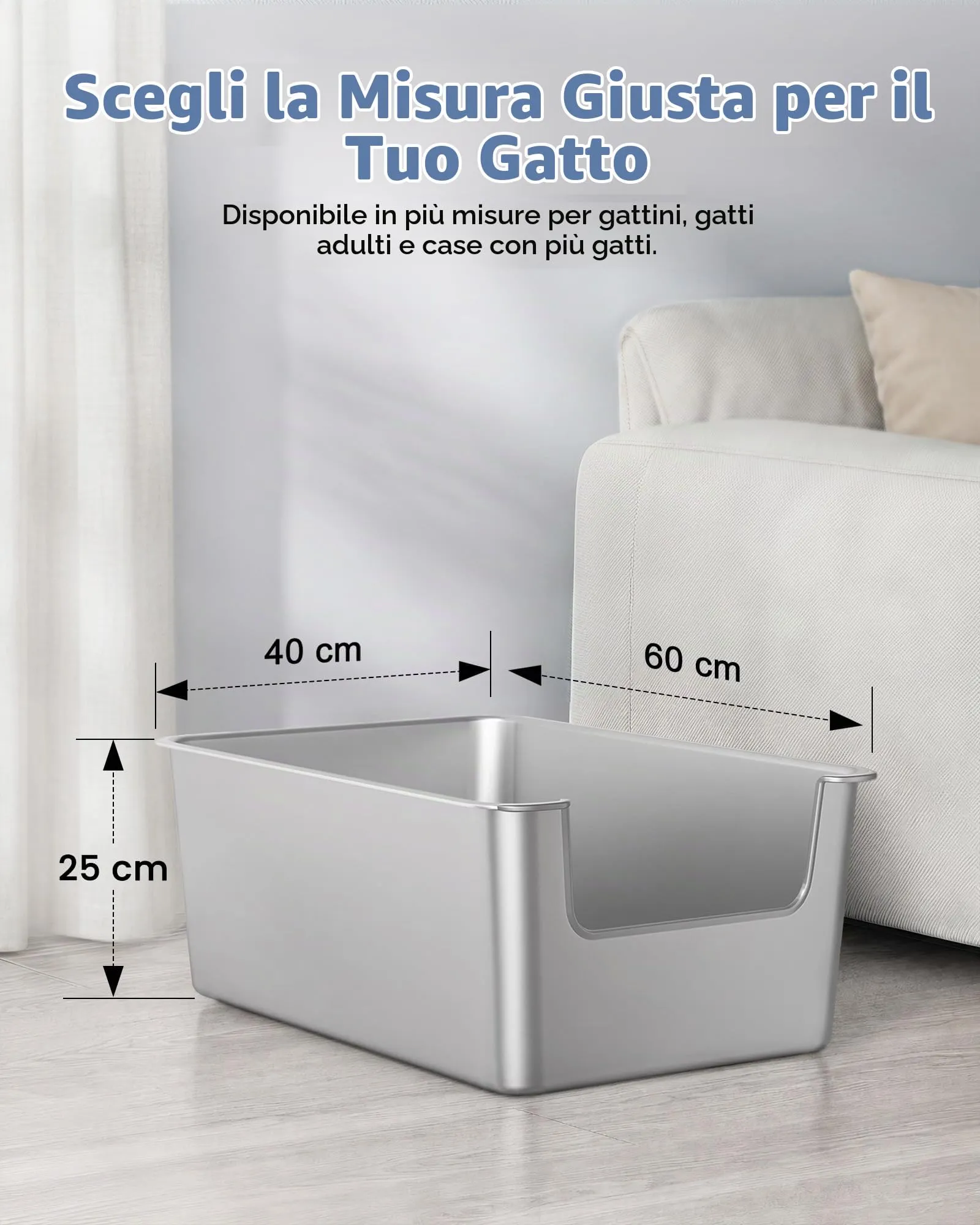 Lettiera Gatto Acciaio Inox a Bordi Alti, Toilette per Gatti Aperta - immagine 5