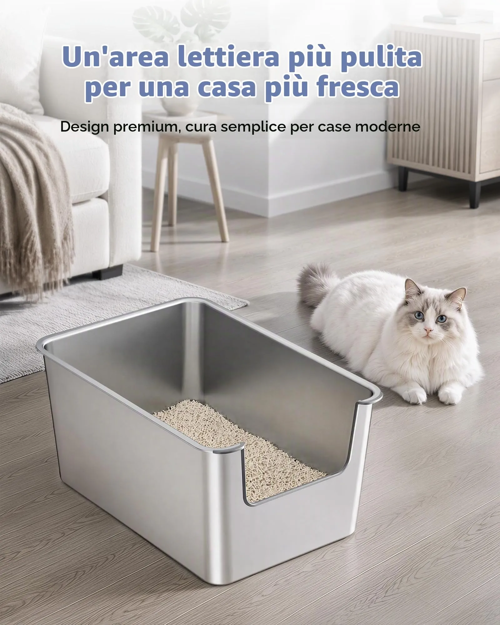 Lettiera Gatto Acciaio Inox a Bordi Alti, Toilette per Gatti Aperta - immagine 6