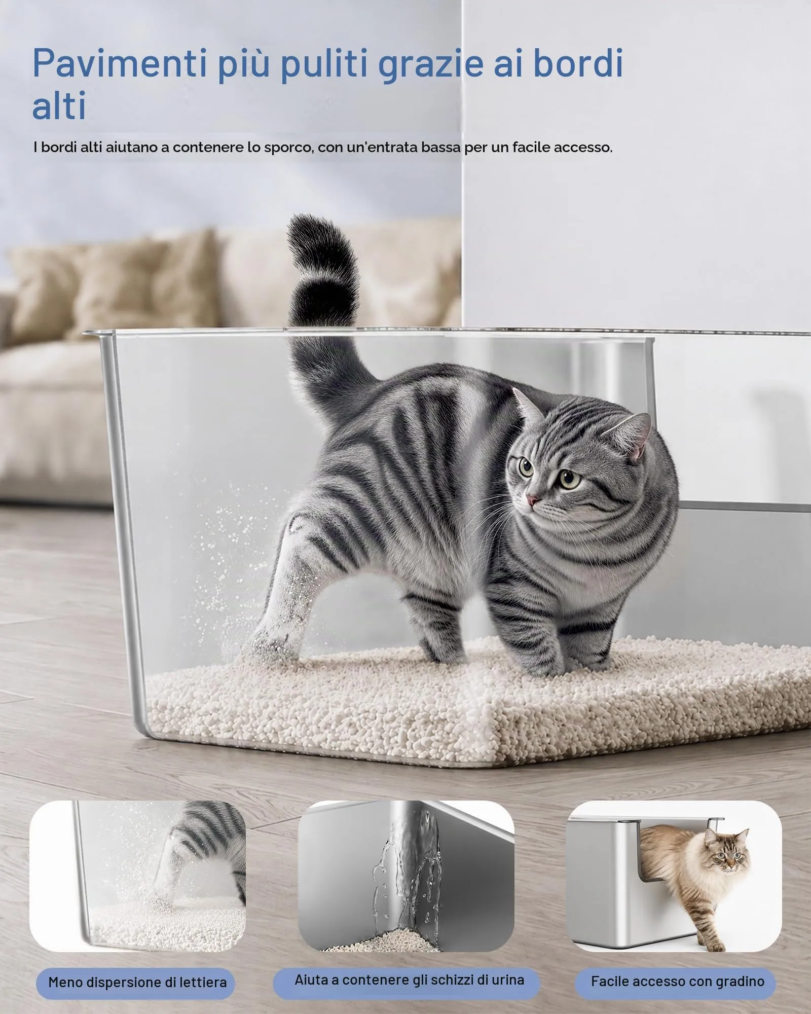 Lettiera Gatto Acciaio Inox a Bordi Alti, Toilette per Gatti Aperta - immagine 2