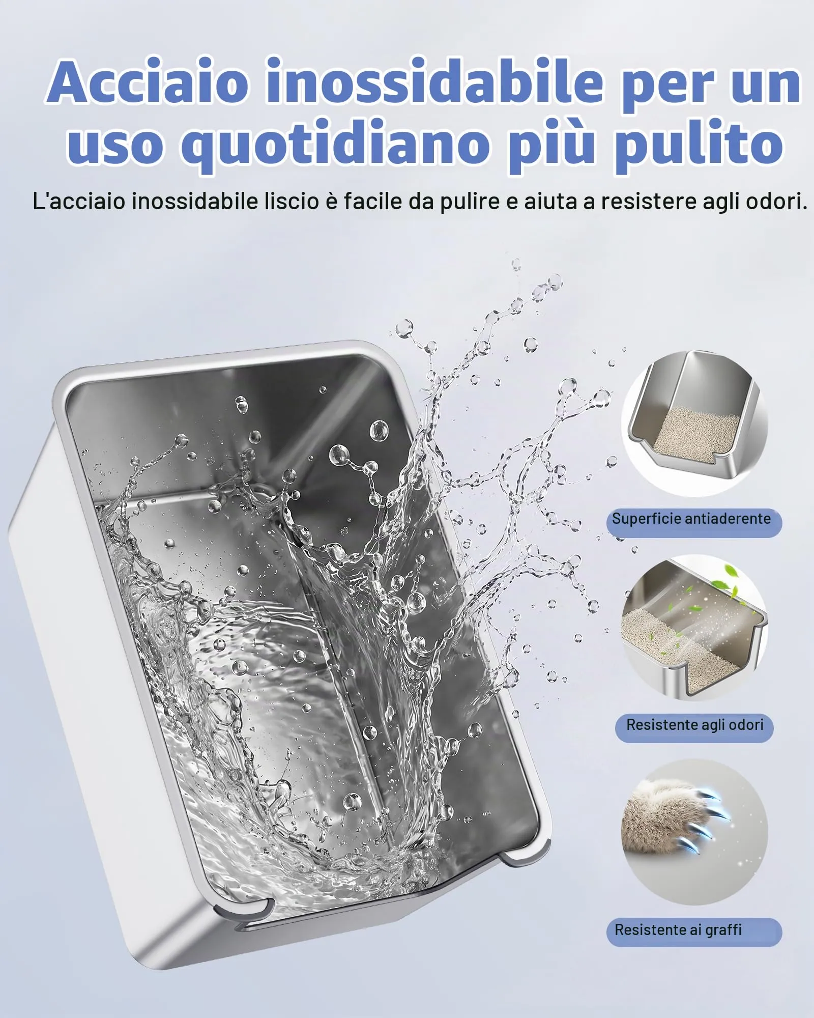 Lettiera Gatto Acciaio Inox a Bordi Alti, Toilette per Gatti Aperta - immagine 4