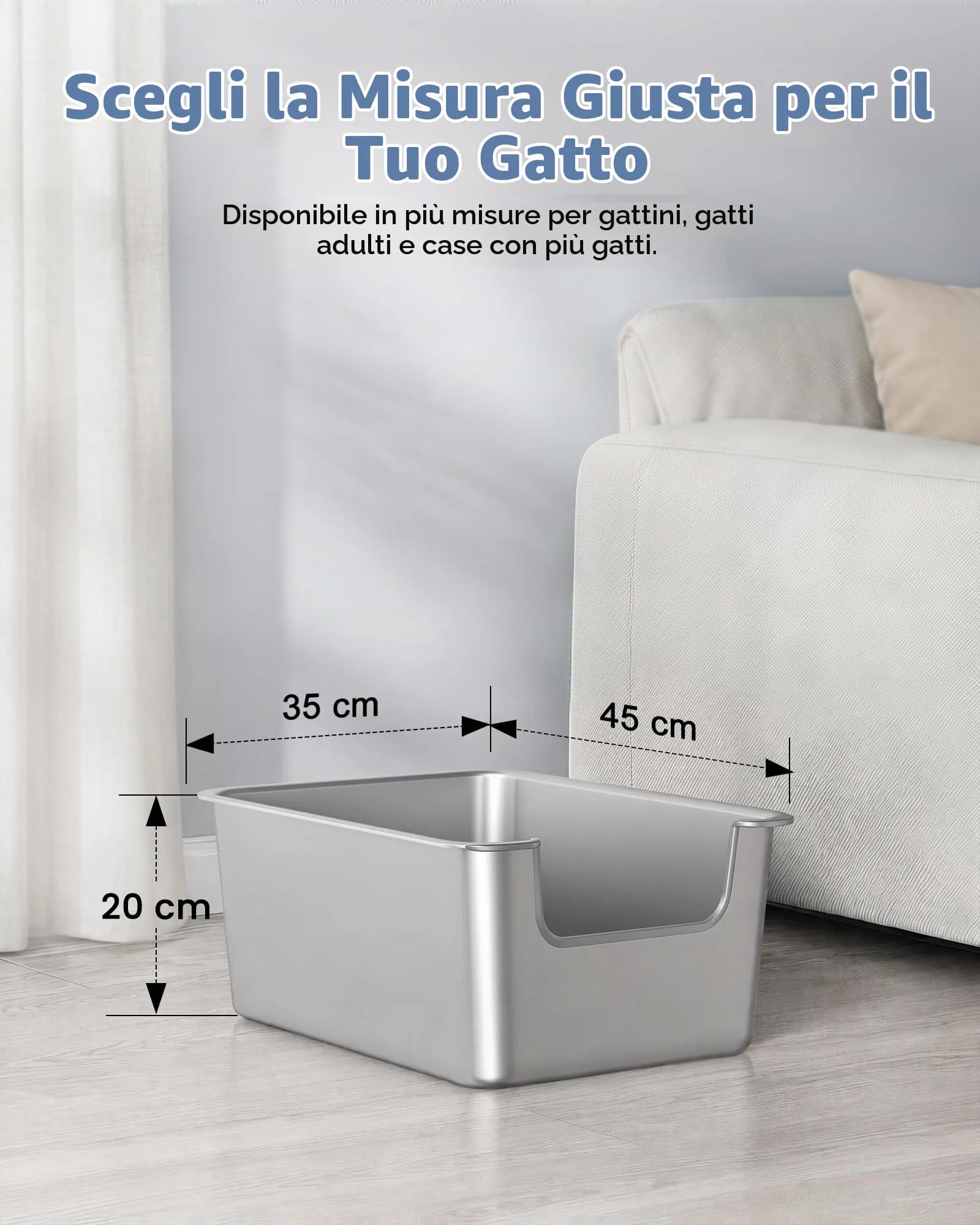 Lettiera Gatto Acciaio Inox a Bordi Alti, Toilette per Gatti Aperta - immagine 5