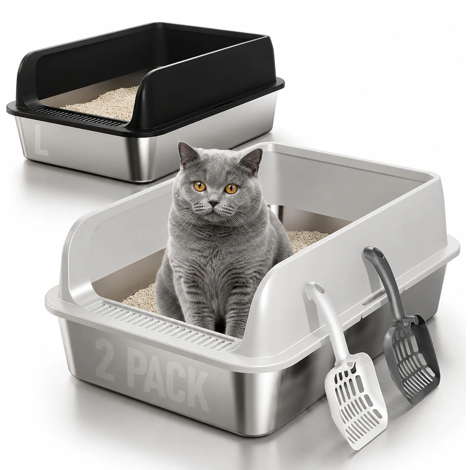 2 Pezzi Lettiera Gatto Acciaio Inox, grande lettiera in acciaio inox, con bordo alto, per gatto, 60 x 40 x 20 cm, pala per gatti (L - Grigio&Nero) - immagine 1