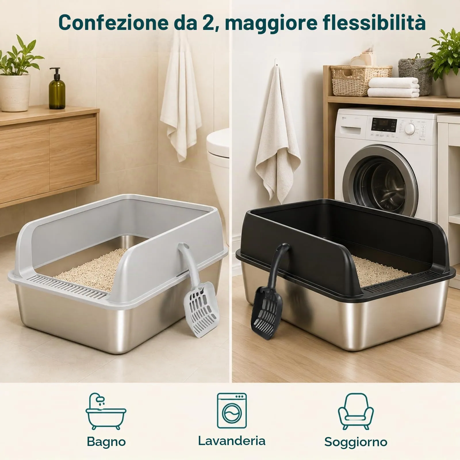 2 Pezzi Lettiera Gatto Acciaio Inox, grande lettiera in acciaio inox, con bordo alto, per gatto, 60 x 40 x 20 cm, pala per gatti (L - Grigio&Nero) - immagine 5