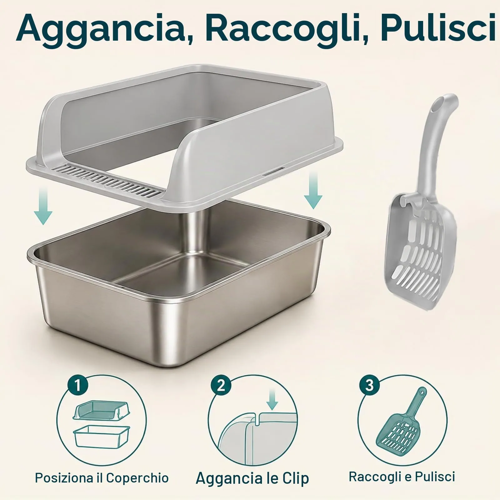 2 Pezzi Lettiera Gatto Acciaio Inox, grande lettiera in acciaio inox, con bordo alto, per gatto, 60 x 40 x 20 cm, pala per gatti (L - Grigio&Nero) - immagine 6