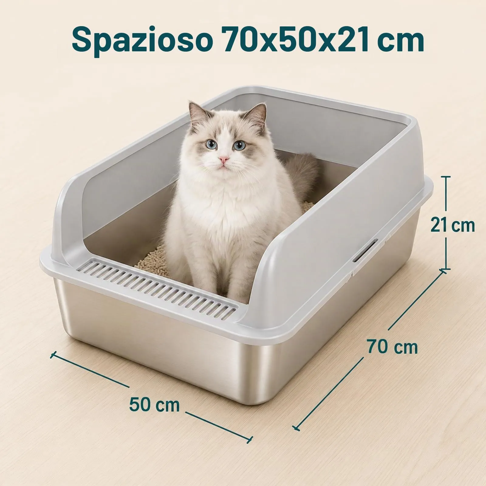 2 Pezzi Lettiera Gatto Acciaio Inox, 70x50x21cm XXXL grande lettiera in acciaio inox, con bordo alto, per gatto, pala per gatti - immagine 3