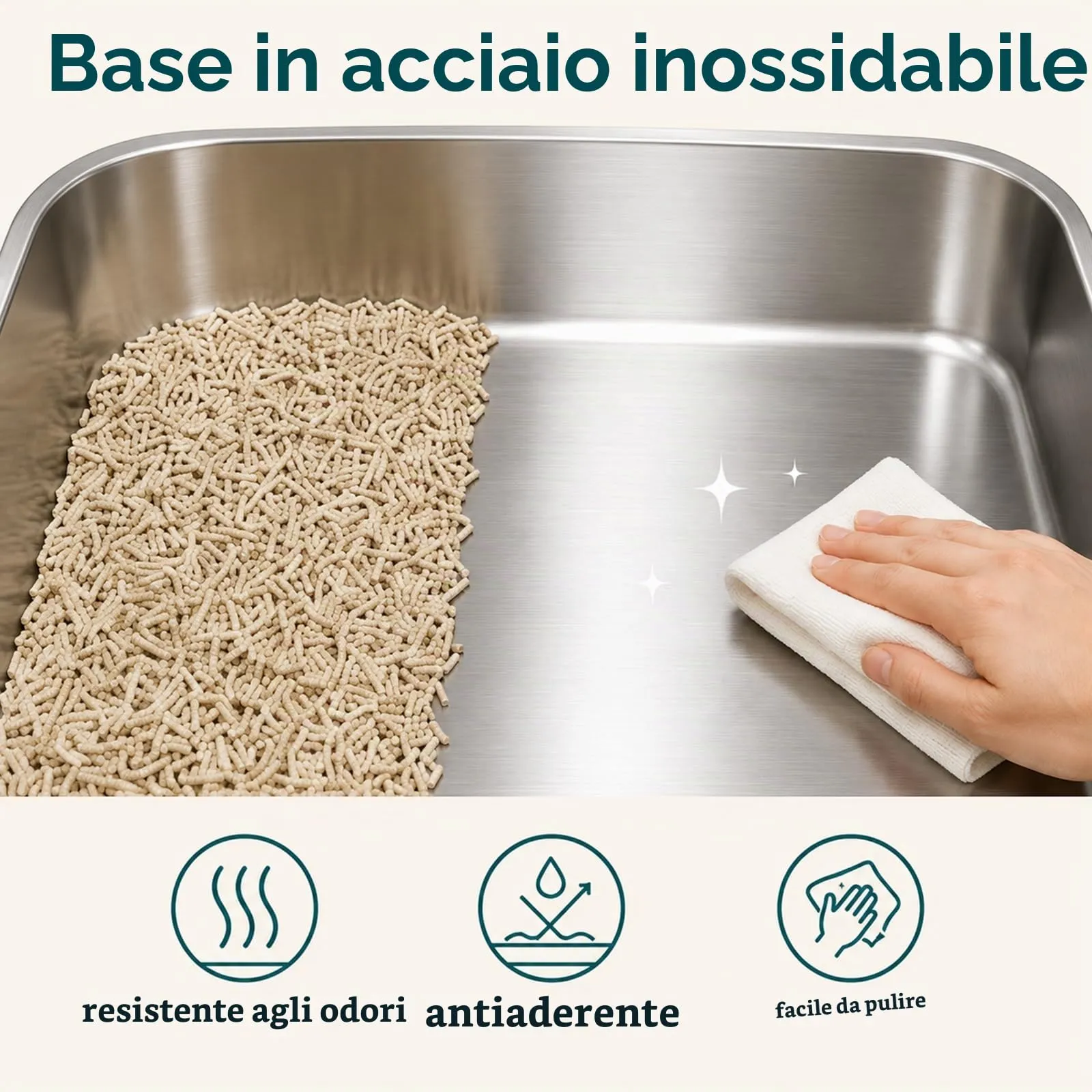 2 Pezzi Lettiera Gatto Acciaio Inox, 70x50x21cm XXXL grande lettiera in acciaio inox, con bordo alto, per gatto, pala per gatti - immagine 4