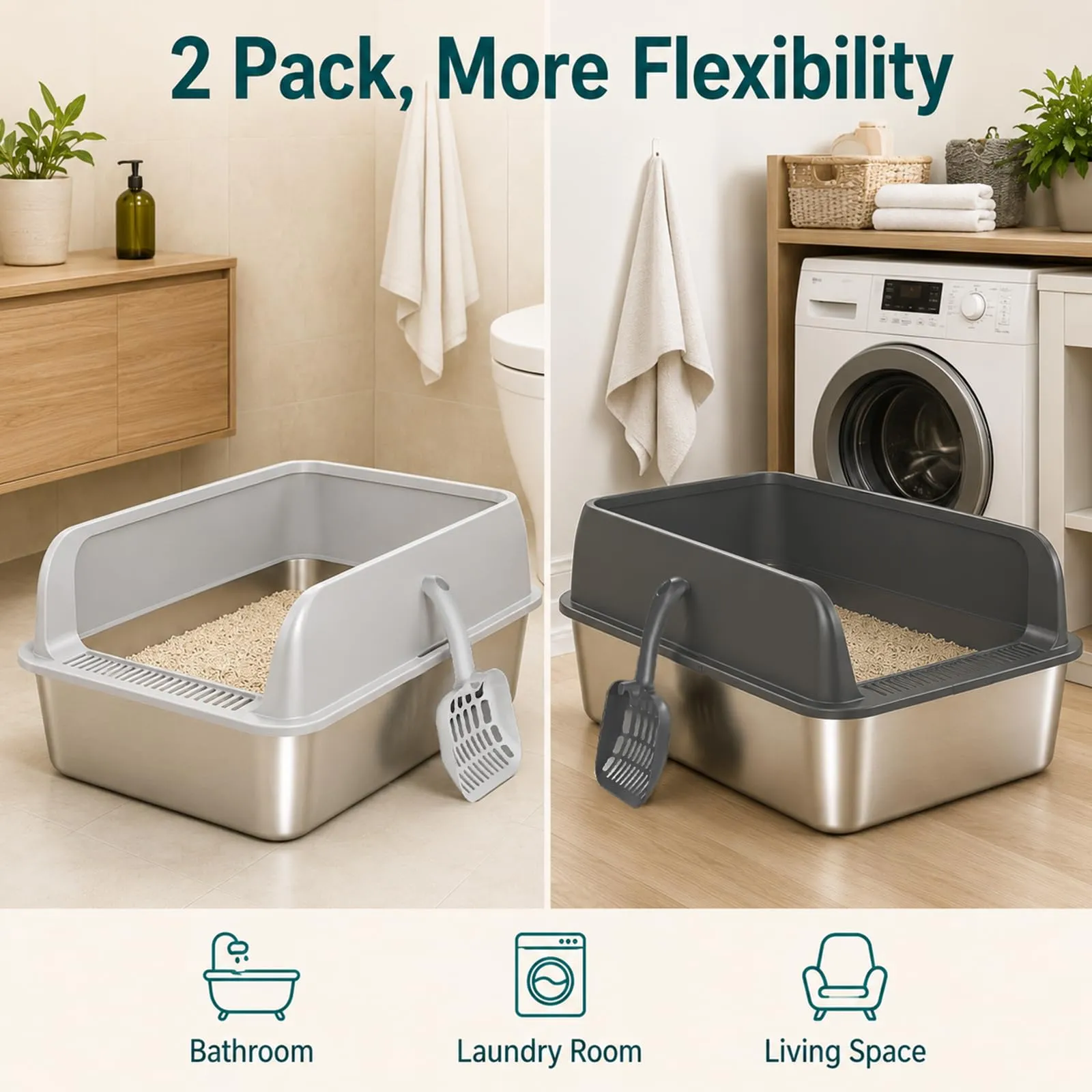 2 Pezzi Lettiera Gatto Acciaio Inox, 70x50x21cm XXXL grande lettiera in acciaio inox, con bordo alto, per gatto, pala per gatti - immagine 5