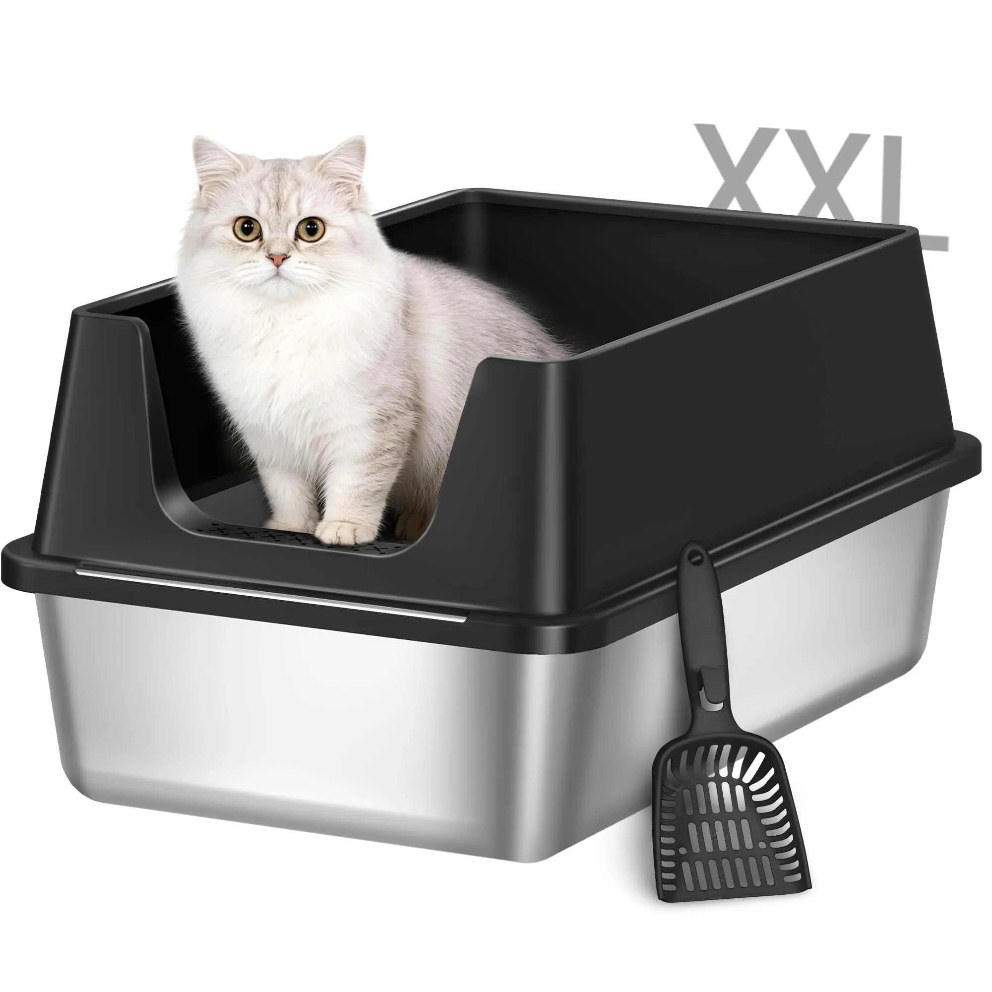 Fobyfurny Lettiera in Acciaio per Gatti XXL, 60,5 x 40 x 29 cm, Nero - immagine 1