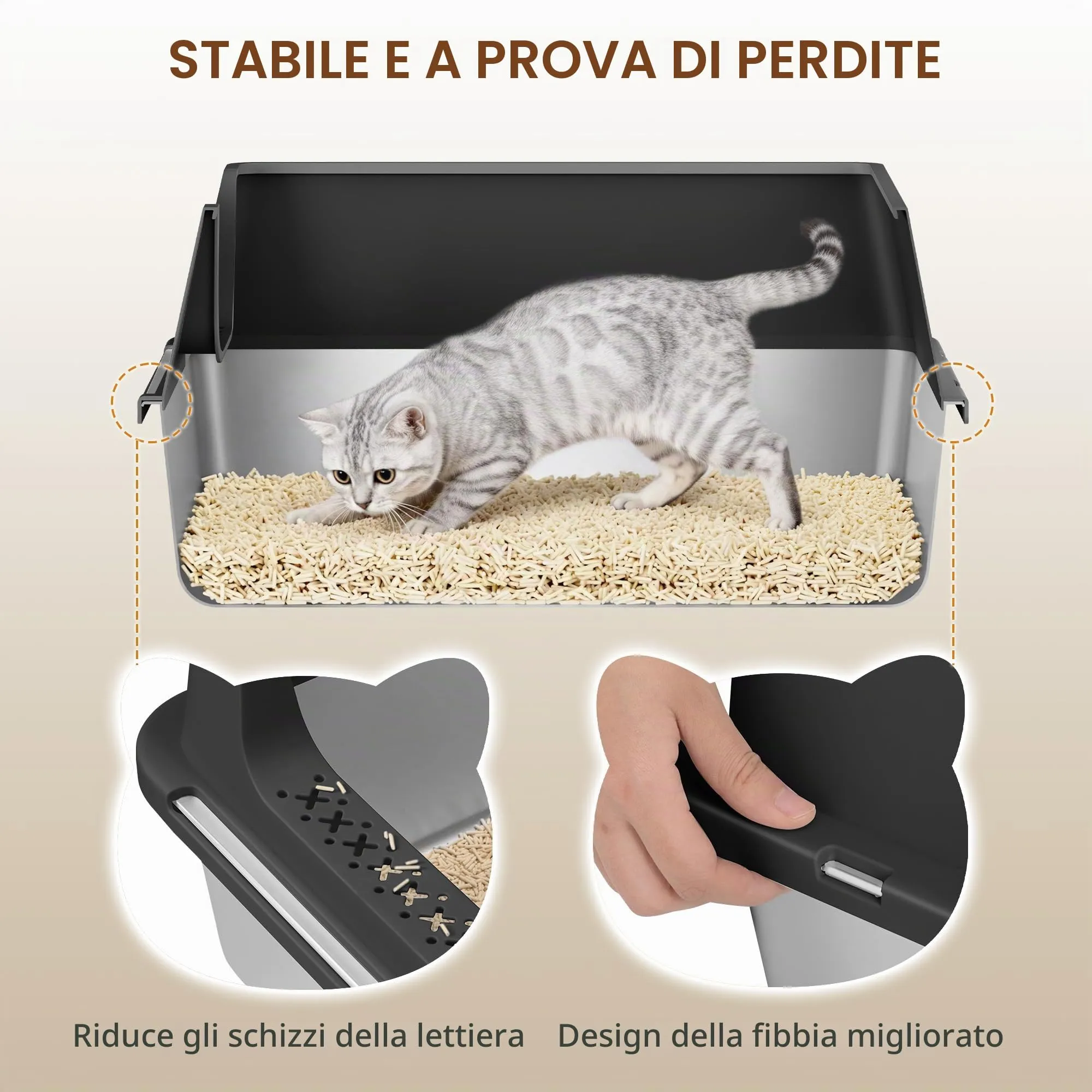 Fobyfurny Lettiera in Acciaio per Gatti XXL, 60,5 x 40 x 29 cm, Nero - immagine 3