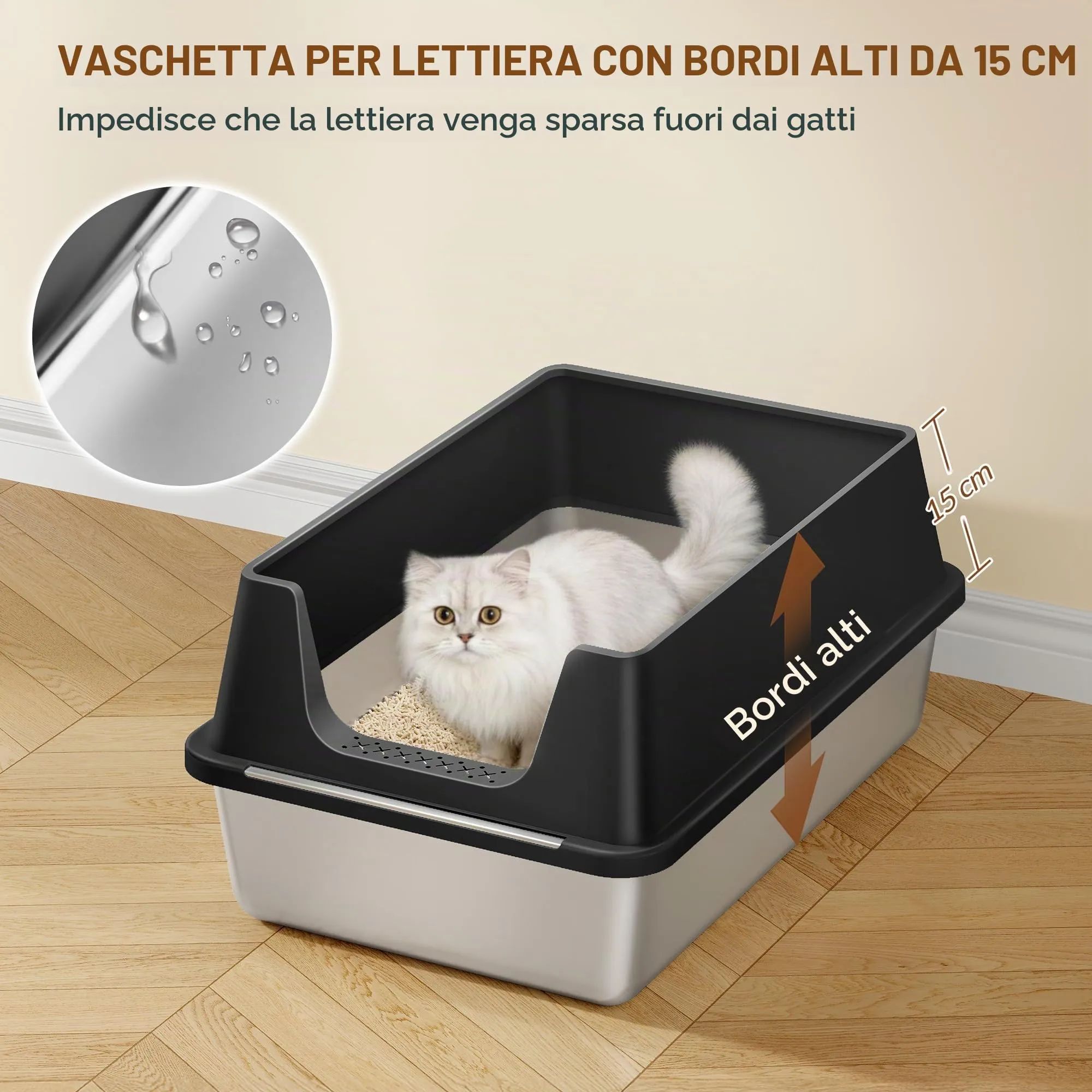 Fobyfurny Lettiera in Acciaio per Gatti XXL, 60,5 x 40 x 29 cm, Nero - immagine 4