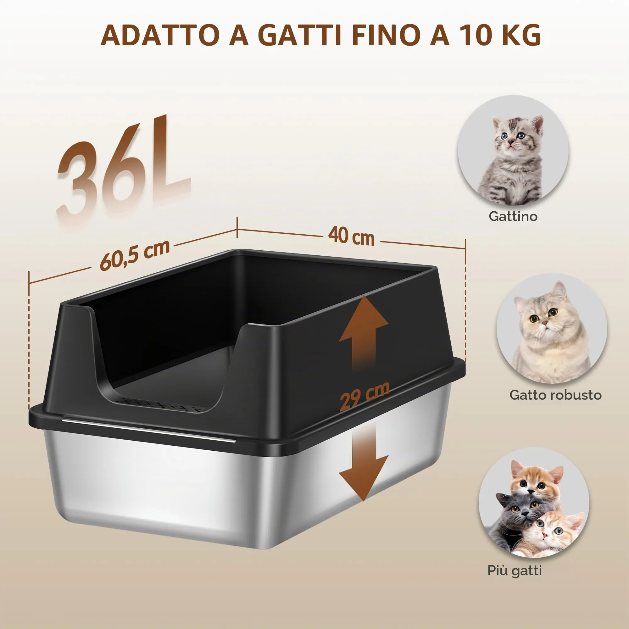 Fobyfurny Lettiera in Acciaio per Gatti XXL, 60,5 x 40 x 29 cm, Nero - immagine 6