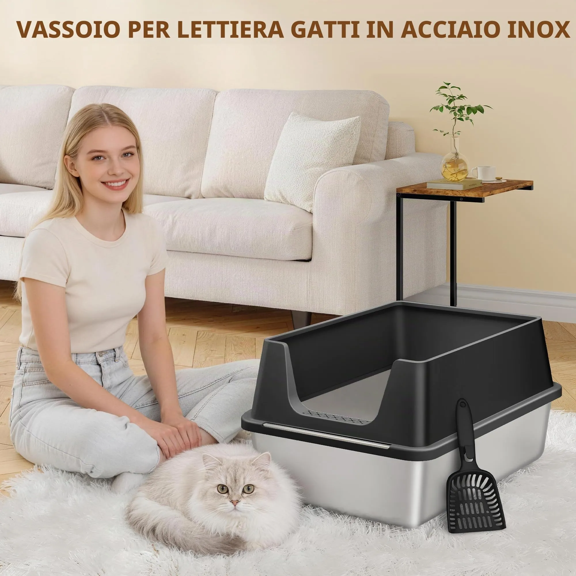 Fobyfurny Lettiera in Acciaio per Gatti XXL, 60,5 x 40 x 29 cm, Nero - immagine 8
