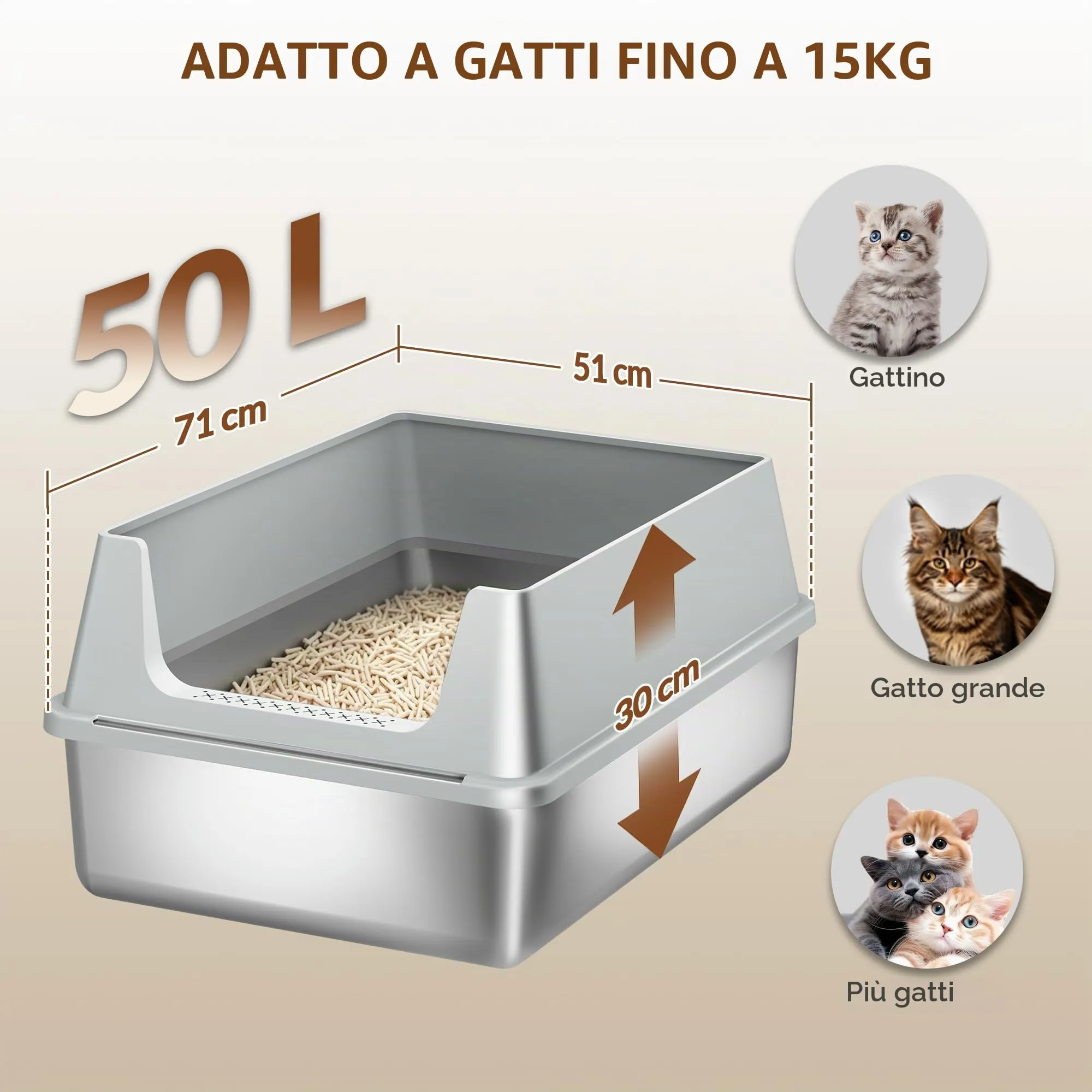 Fobyfurny Lettiera in Acciaio per Gatti XXXL, 71 x 51 x 30cm, Grigio Chiaro - immagine 3