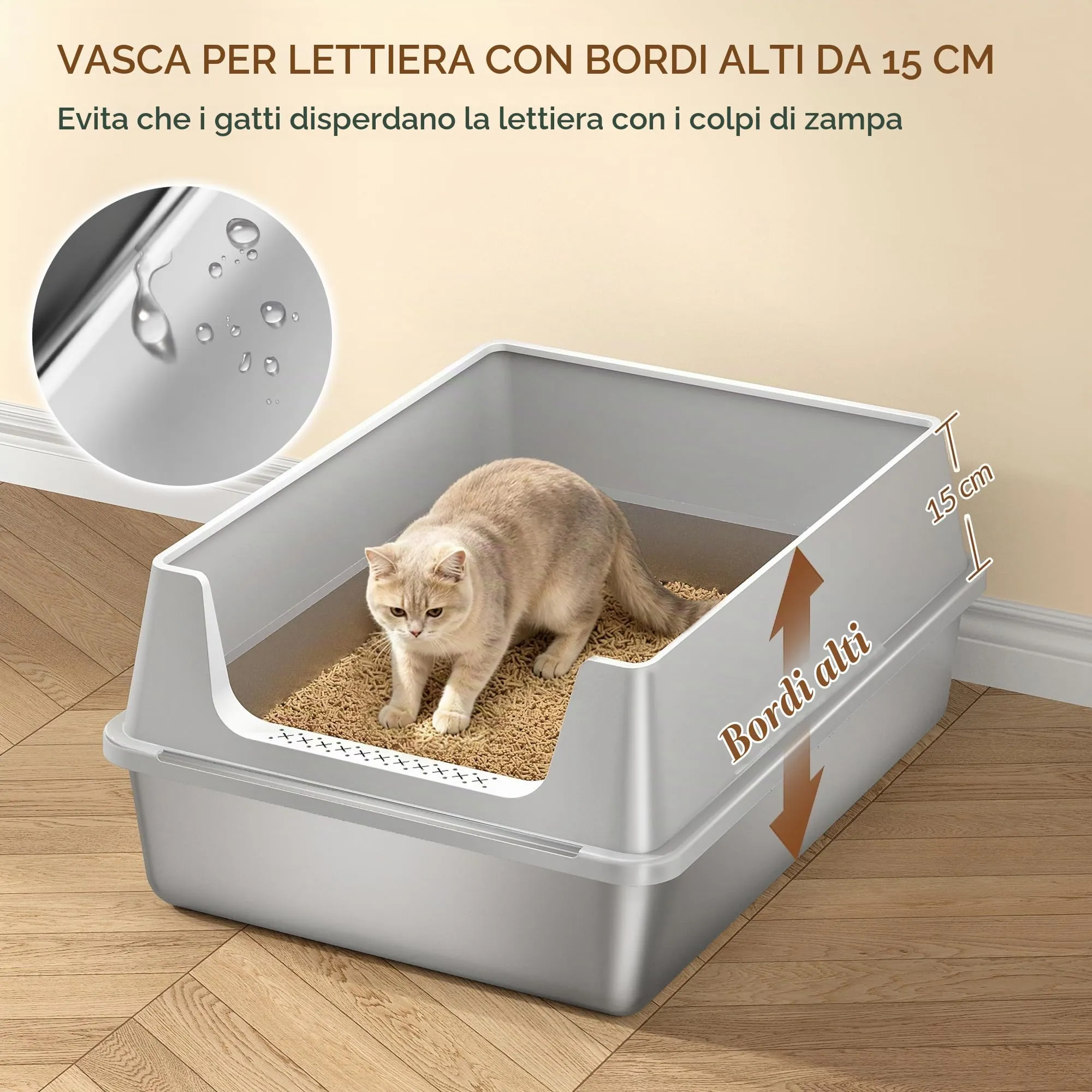 Fobyfurny Lettiera in Acciaio per Gatti XXXL, 71 x 51 x 30cm, Grigio Chiaro - immagine 5