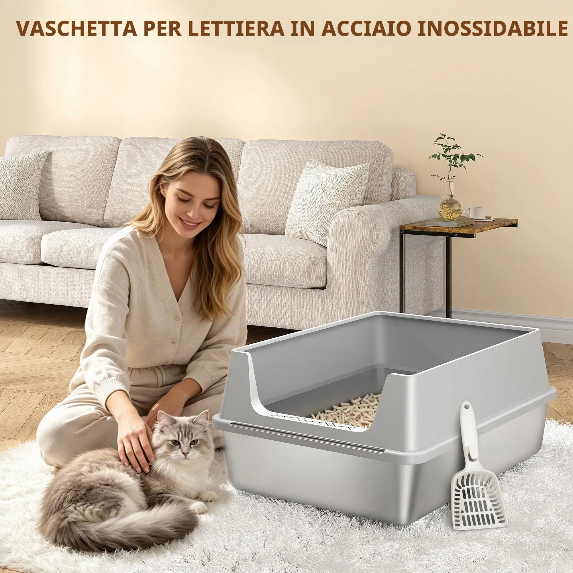 Fobyfurny Lettiera in Acciaio per Gatti XXXL, 71 x 51 x 30cm, Grigio Chiaro - immagine 8