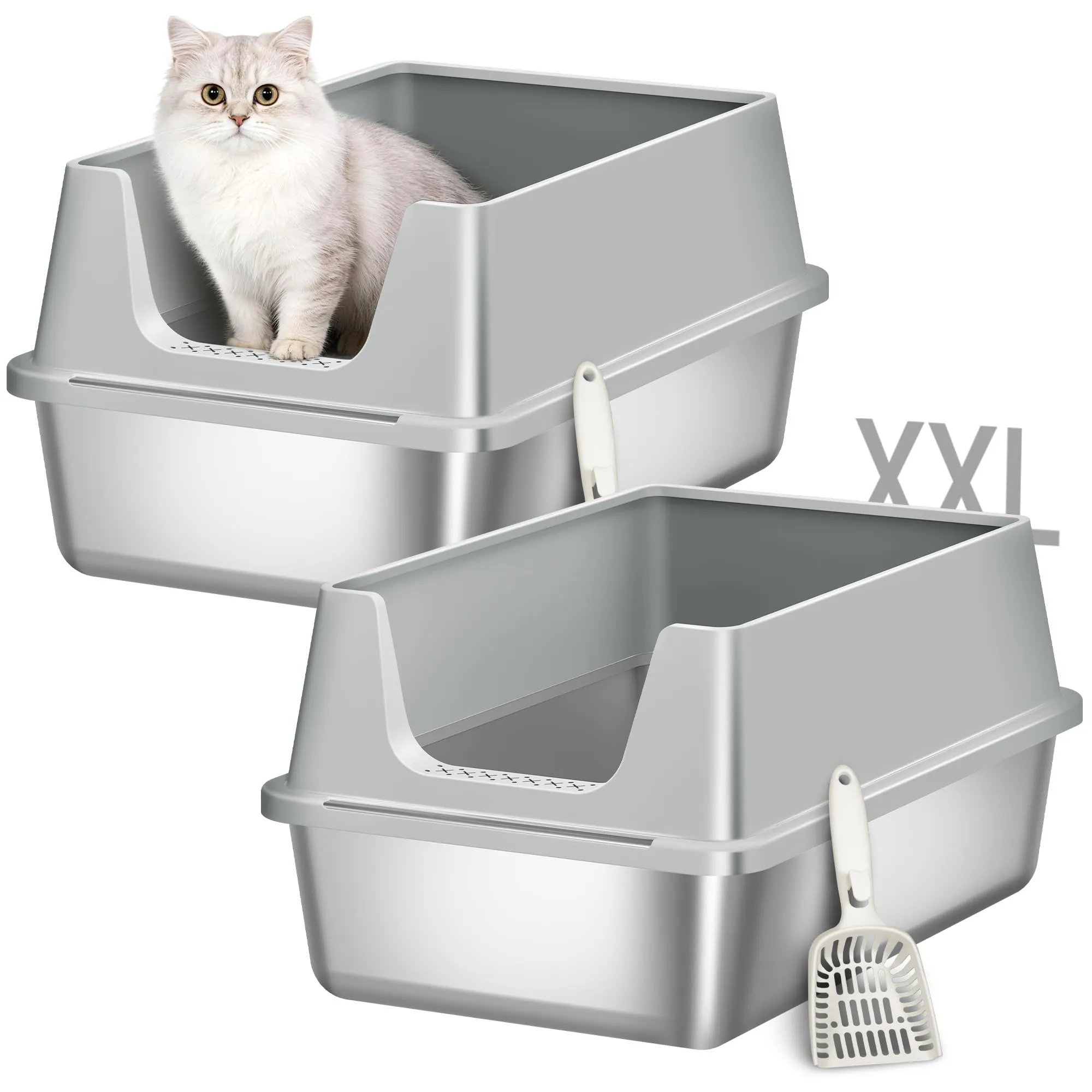 Fobyfurny Lettiera in Acciaio per Gatti da 2, 60,5x40x29cm, Grigio Chiaro - immagine 1