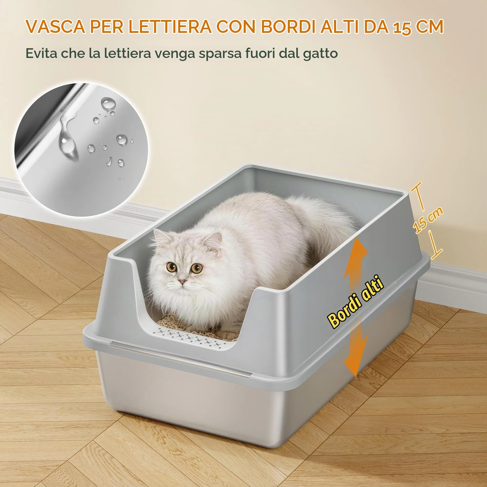 Fobyfurny Lettiera in Acciaio per Gatti da 2, 60,5x40x29cm, Grigio Chiaro - immagine 4