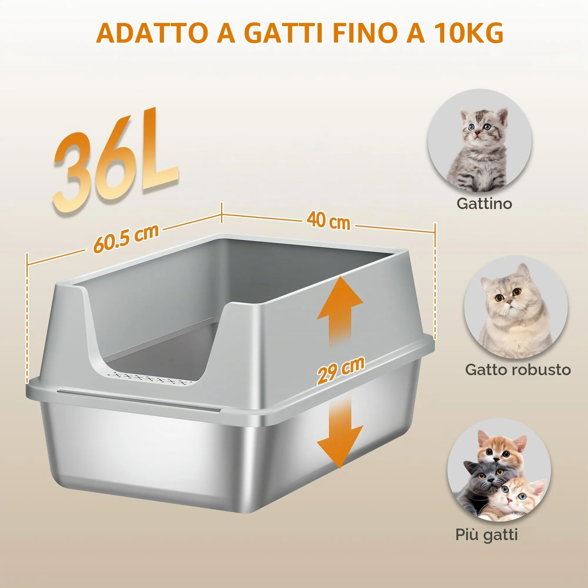 Fobyfurny Lettiera in Acciaio per Gatti da 2, 60,5x40x29cm, Grigio Chiaro - immagine 6