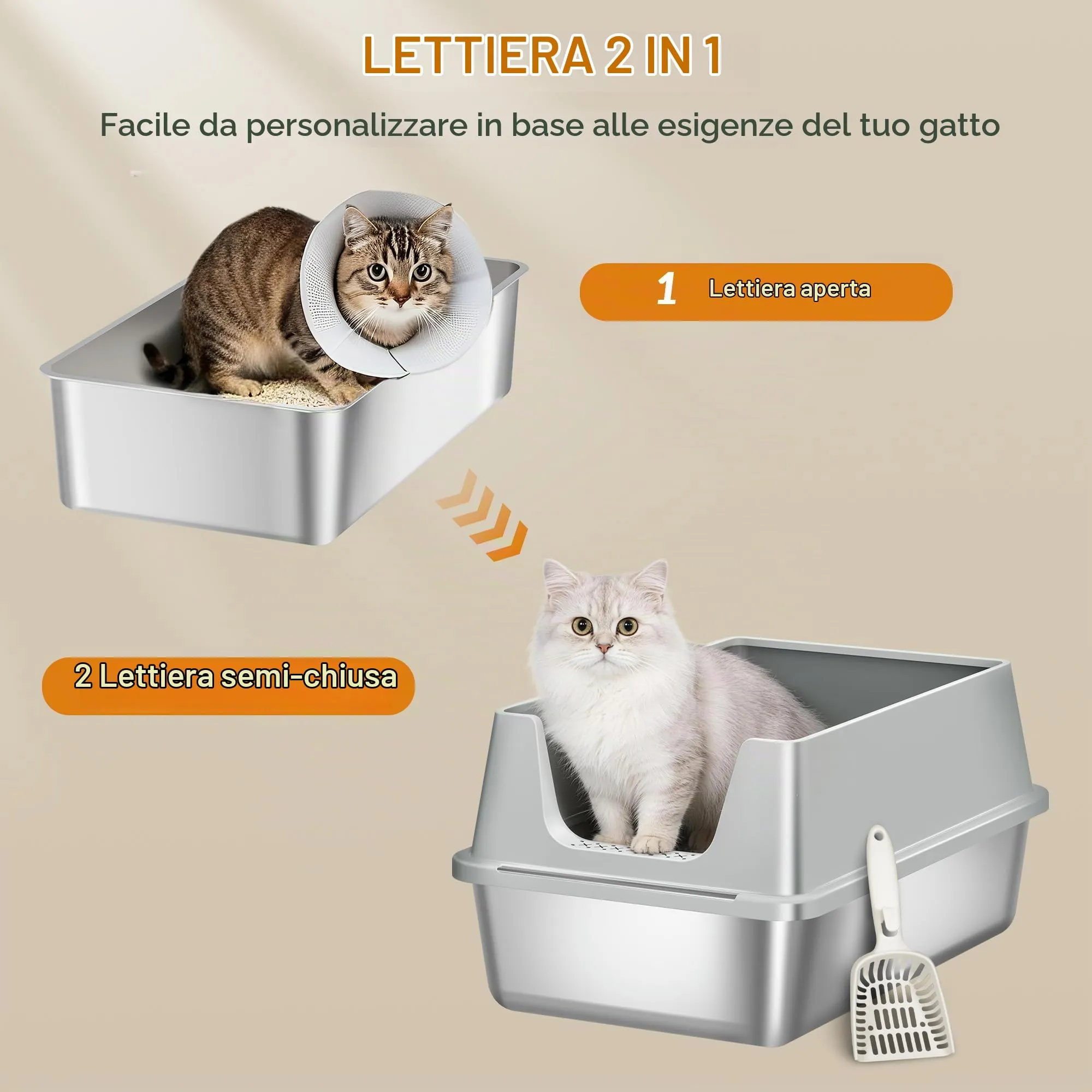 Fobyfurny Lettiera in Acciaio per Gatti da 2, 60,5x40x29cm, Grigio Chiaro - immagine 7