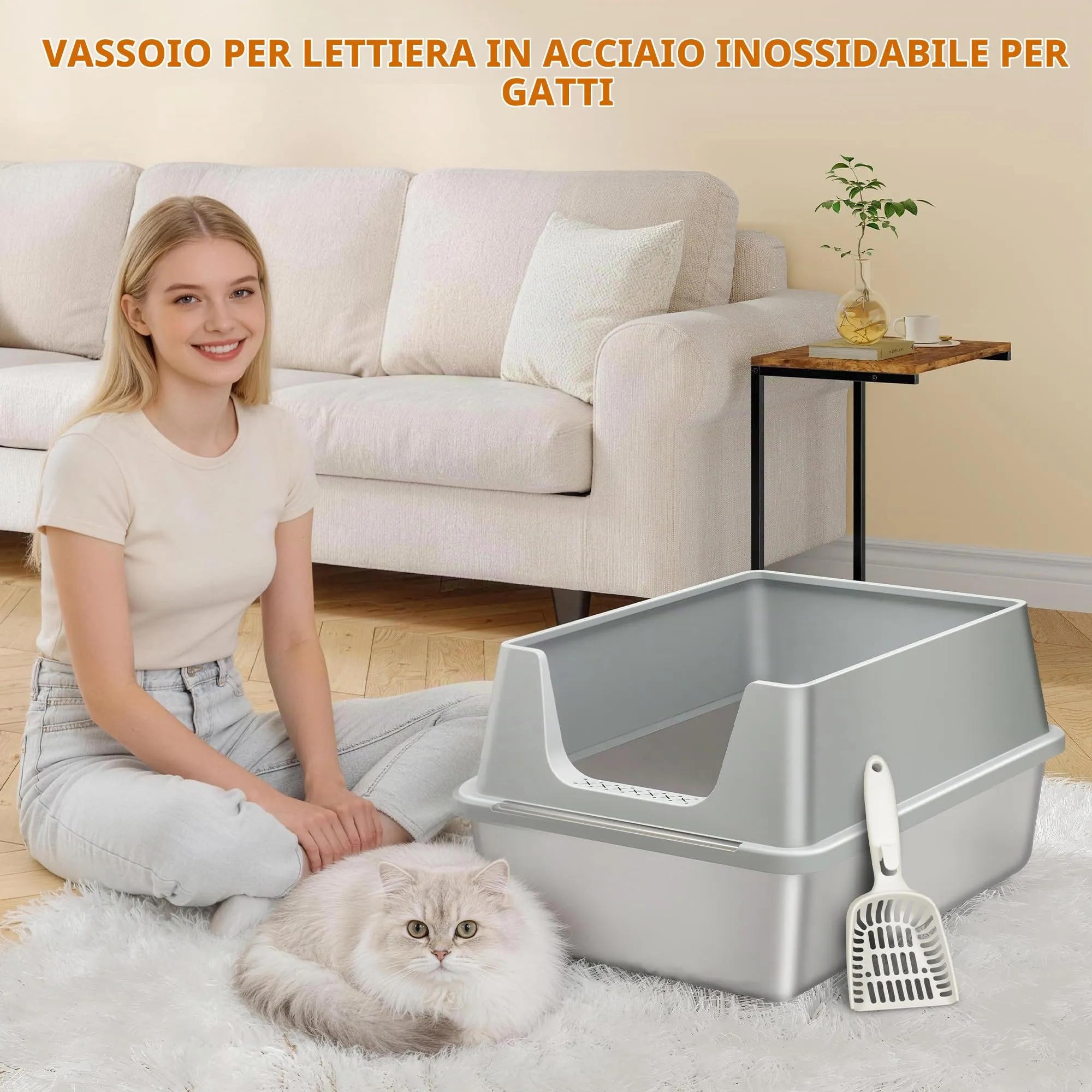 Fobyfurny Lettiera in Acciaio per Gatti da 2, 60,5x40x29cm, Grigio Chiaro - immagine 8