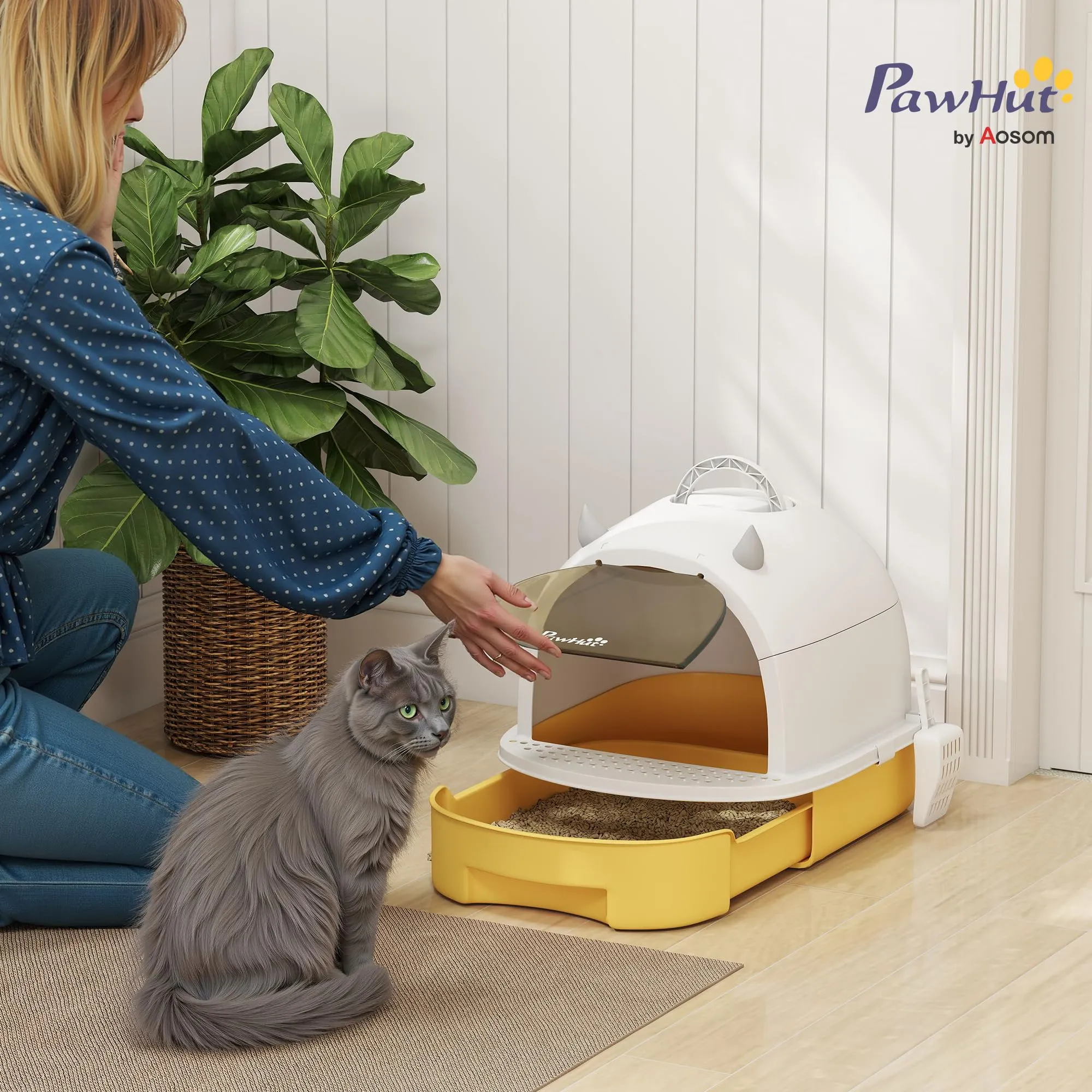 PawHut Lettiera per Gatti Chiusa con Vassoio Estraibile Maniglia Giallo - immagine 2