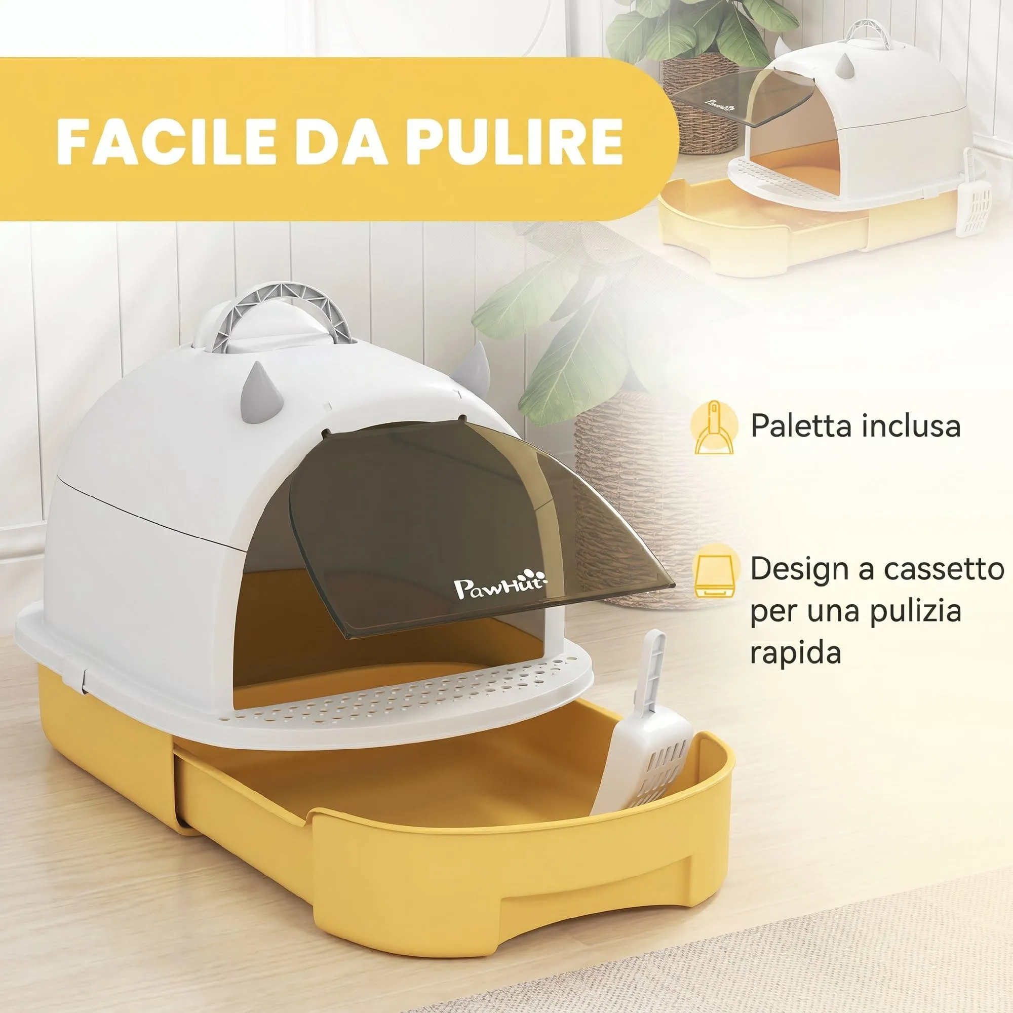 PawHut Lettiera per Gatti Chiusa con Vassoio Estraibile Maniglia Giallo - immagine 4