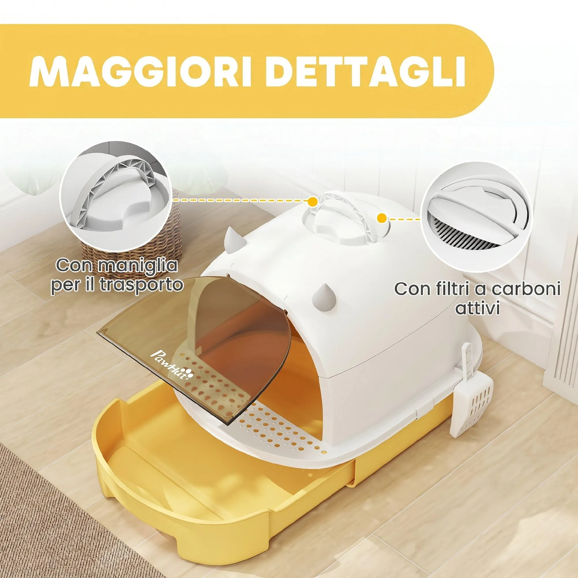 PawHut Lettiera per Gatti Chiusa con Vassoio Estraibile Maniglia Giallo - immagine 6