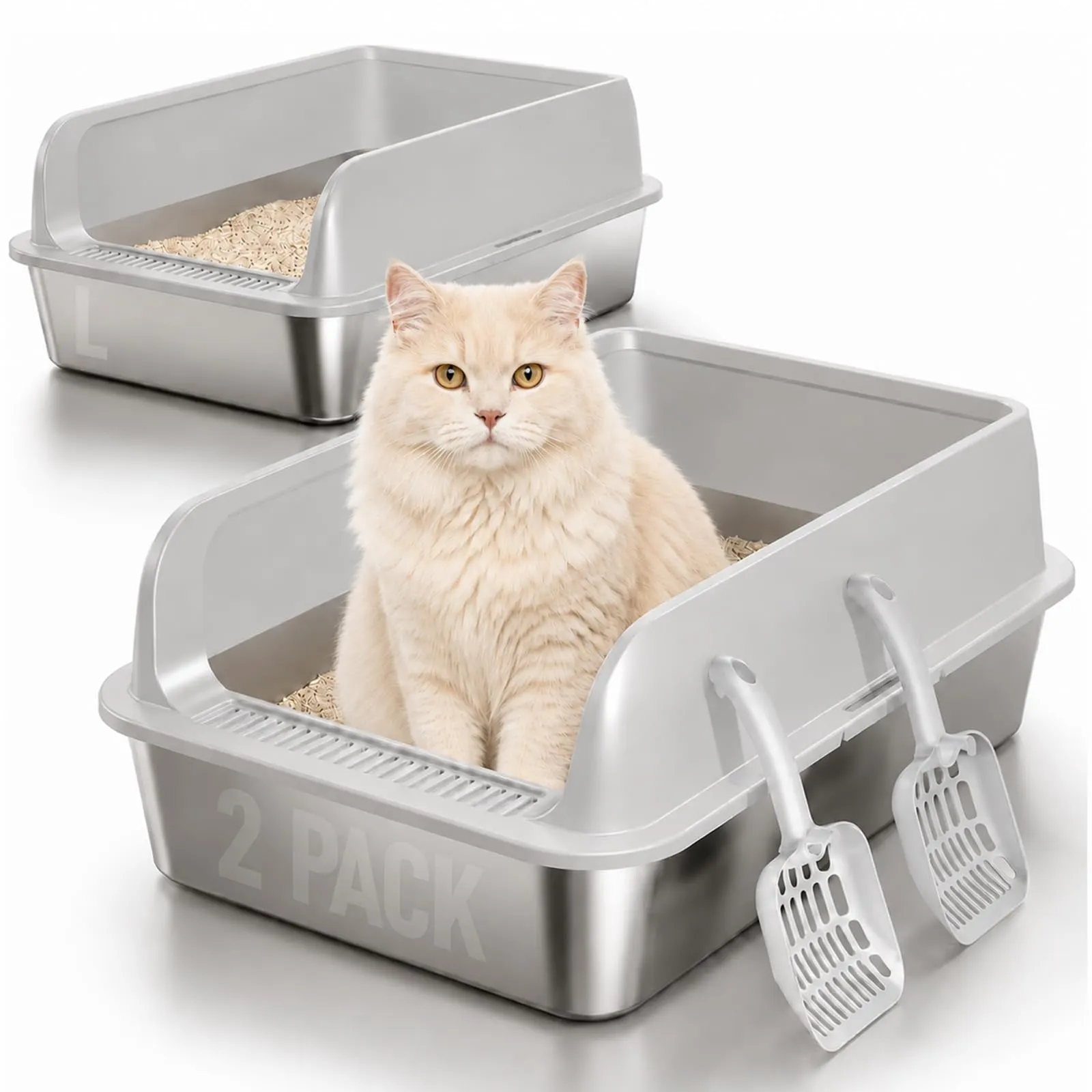 2 Pezzi Lettiera Gatto Acciaio Inox, 60 x 40 x 20 cm grande lettiera in acciaio inox, con bordo alto, per gatto, pala per gatti - immagine 1