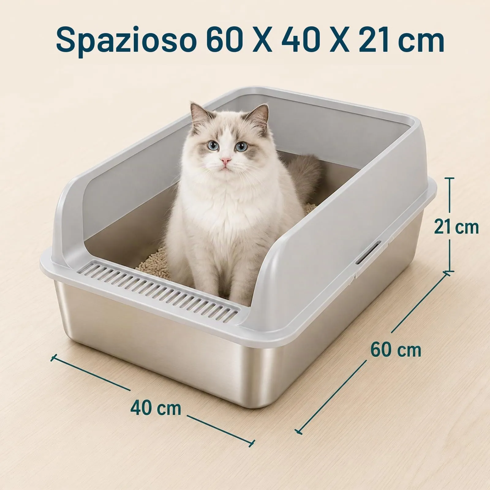 2 Pezzi Lettiera Gatto Acciaio Inox, 60 x 40 x 20 cm grande lettiera in acciaio inox, con bordo alto, per gatto, pala per gatti - immagine 2