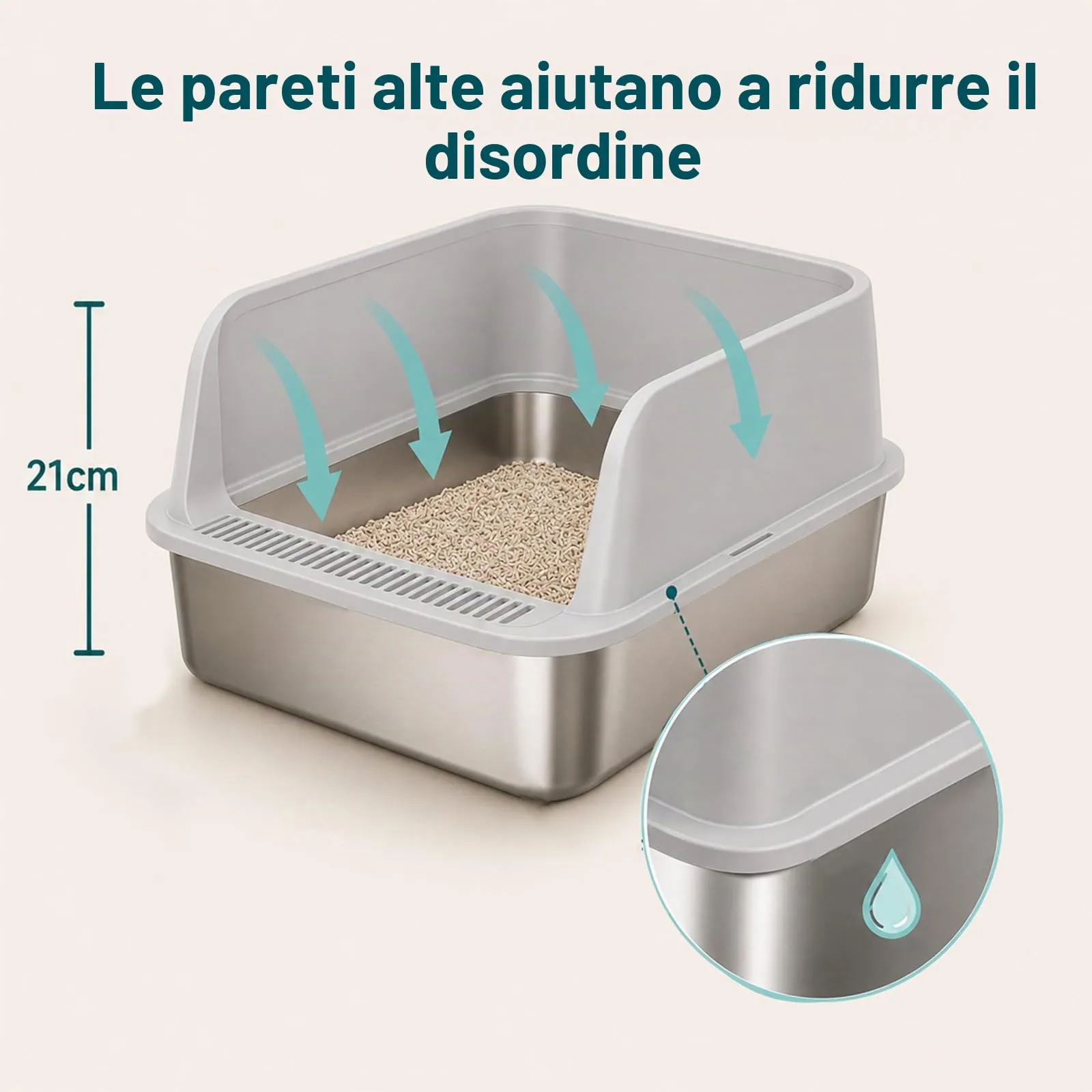 2 Pezzi Lettiera Gatto Acciaio Inox, 60 x 40 x 20 cm grande lettiera in acciaio inox, con bordo alto, per gatto, pala per gatti - immagine 5
