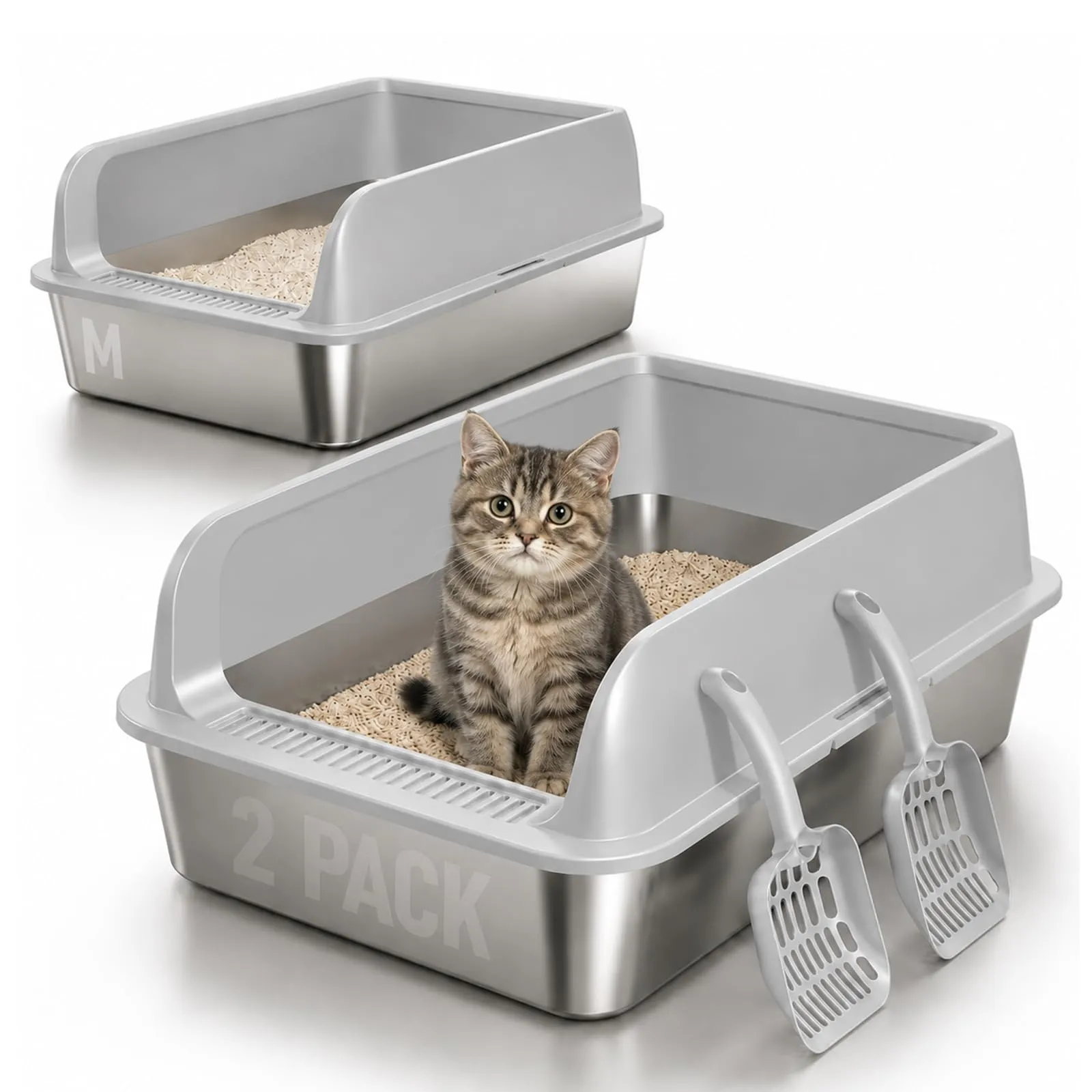 2 Pezzi Lettiera Gatto Acciaio Inox, 50 x 35 x 20 cm grande lettiera in acciaio inox, con bordo alto, per gatto, pala per gatti - immagine 1