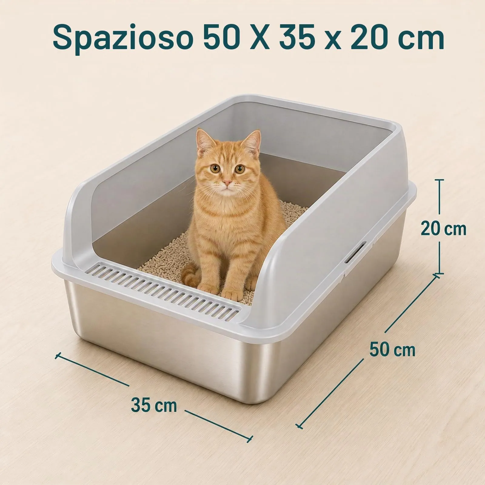 2 Pezzi Lettiera Gatto Acciaio Inox, 50 x 35 x 20 cm grande lettiera in acciaio inox, con bordo alto, per gatto, pala per gatti - immagine 2