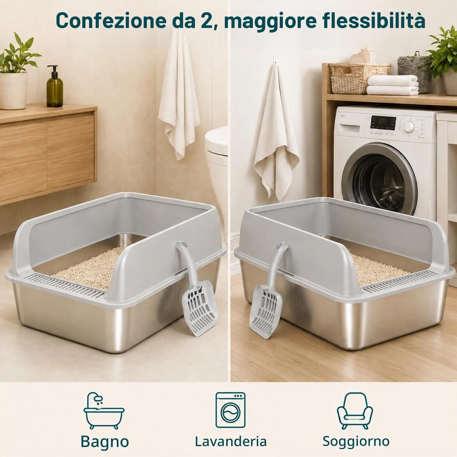 2 Pezzi Lettiera Gatto Acciaio Inox, 50 x 35 x 20 cm grande lettiera in acciaio inox, con bordo alto, per gatto, pala per gatti - immagine 6