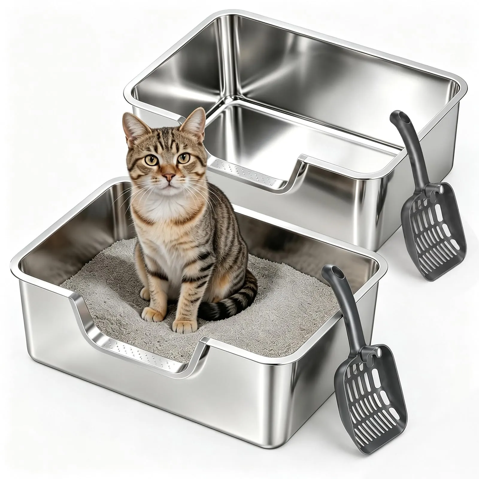 2 Pezzi Lettiera Gatto Acciaio Inox, 50x35x15cm lettiera in acciaio inox, con bordo alto per gatto - immagine 1