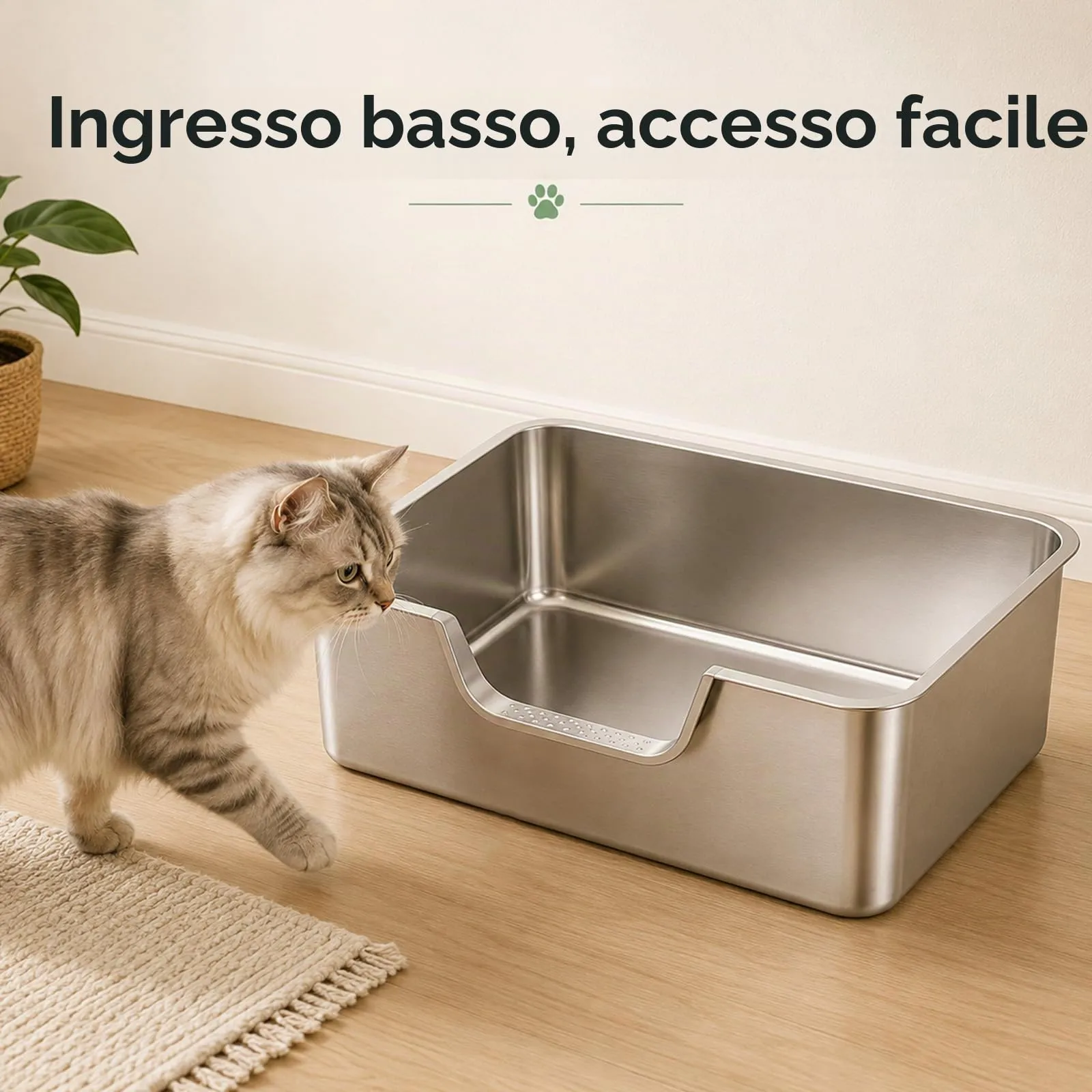 2 Pezzi Lettiera Gatto Acciaio Inox, 50x35x15cm lettiera in acciaio inox, con bordo alto per gatto - immagine 2