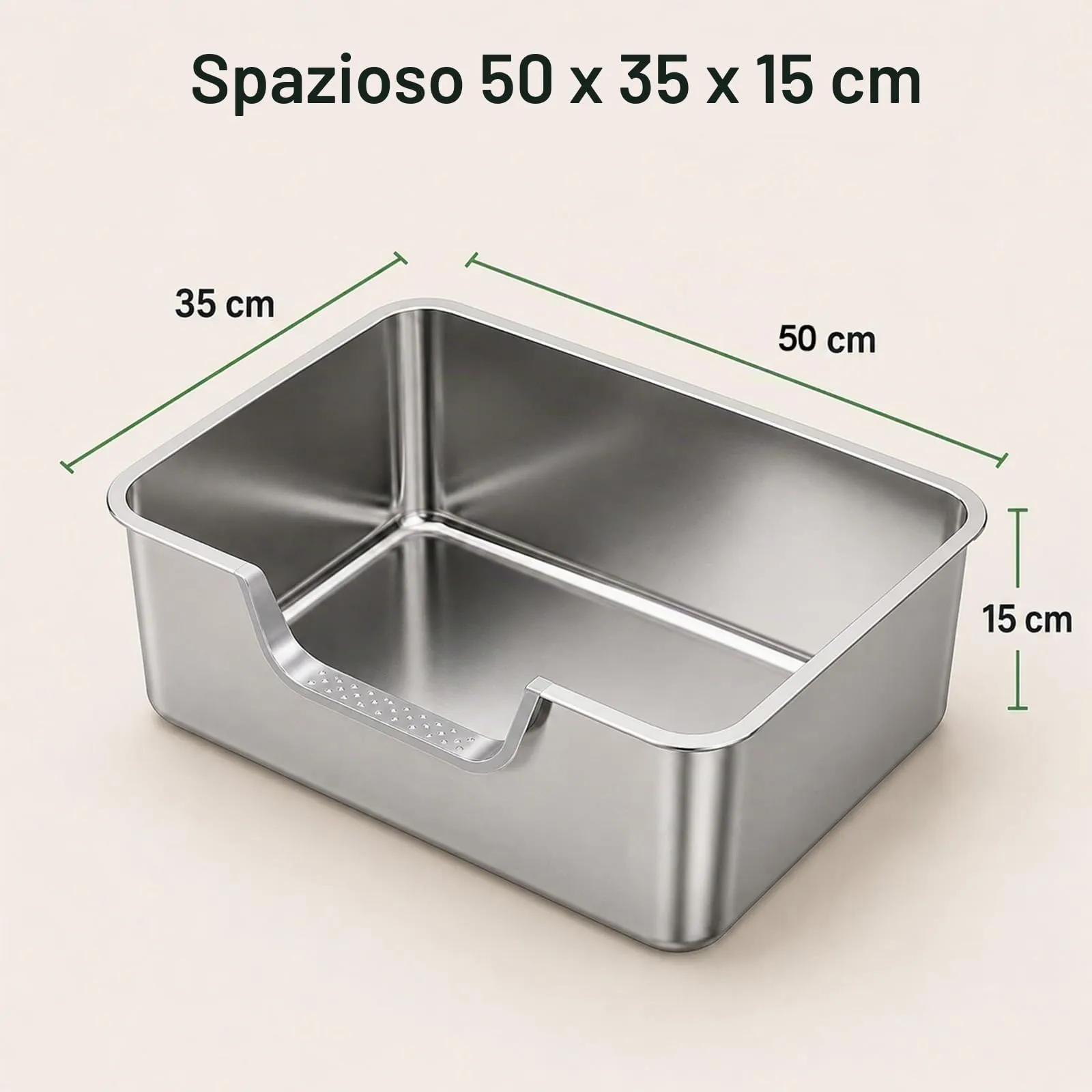 2 Pezzi Lettiera Gatto Acciaio Inox, 50x35x15cm lettiera in acciaio inox, con bordo alto per gatto - immagine 3