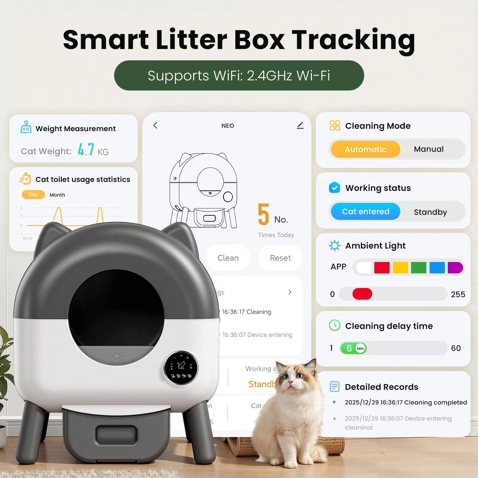 Lettiera Gatto Autopulente 89 L Con APP, Capacità Massima, Lettiera Automatica Per Gatti, Lettiera Con Triplo Sensore Di Sicurezza, Ampio Spazio,Adatta a Famiglie Con Più Gatti - immagine 6