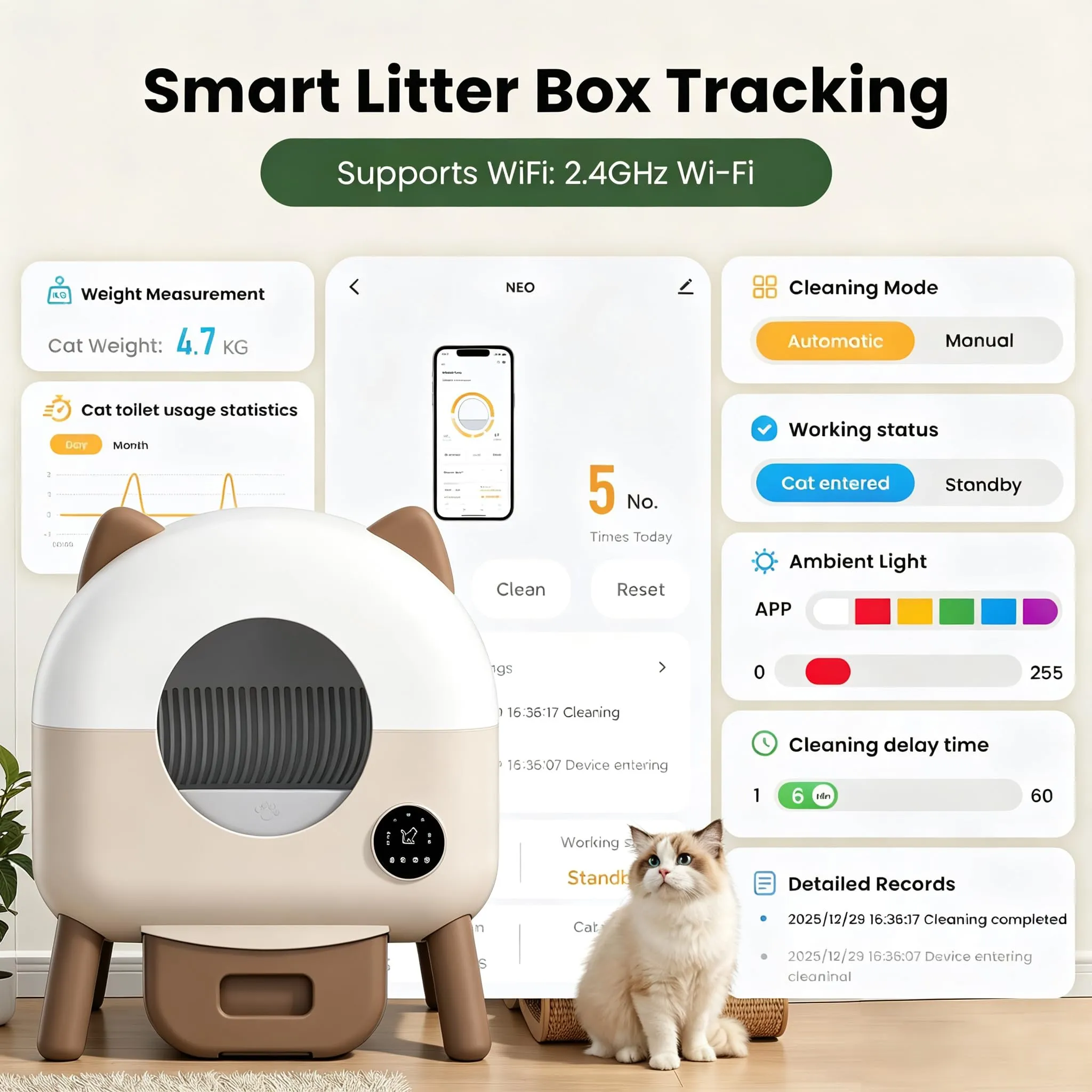 Lettiera Gatto Autopulente 73 L Con APP, Capacità Massima, Lettiera Automatica Per Gatti, Lettiera Con Triplo Sensore Di Sicurezza, Ampio Spazio,Adatta a Famiglie Con Più Gatti - immagine 5