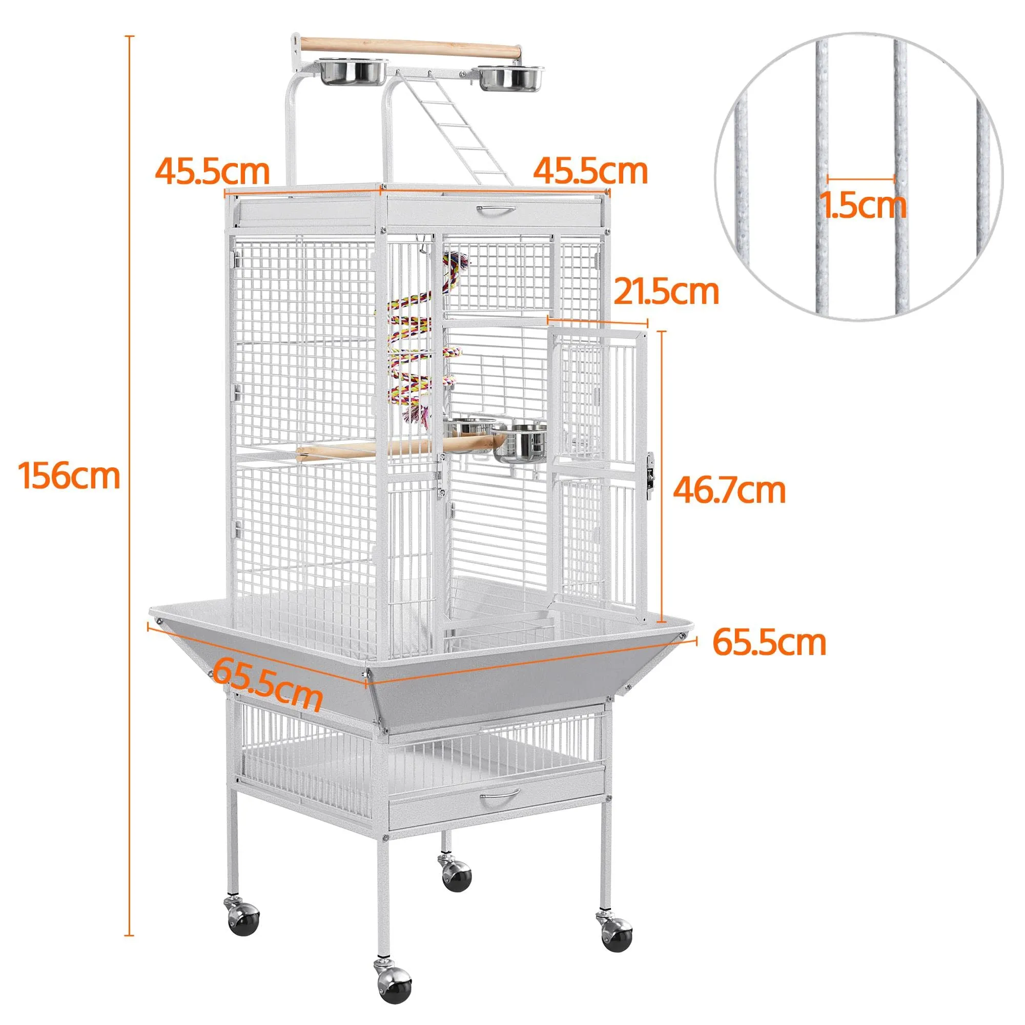 Yaheetech Gabbia Uccelli Metallo Ruote 65,5 × 65,5 × 156 cm Bianca - immagine 2