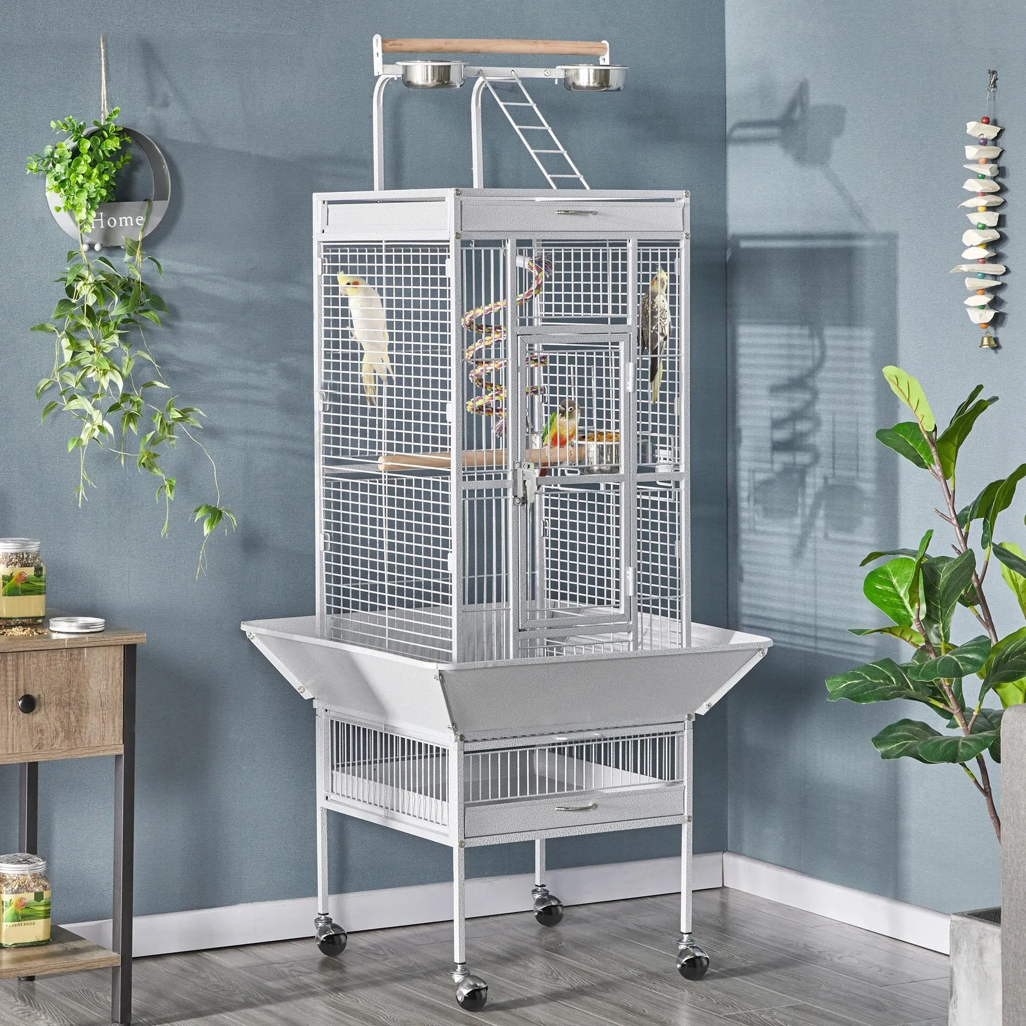 Yaheetech Gabbia Uccelli Metallo Ruote 65,5 × 65,5 × 156 cm Bianca - immagine 3