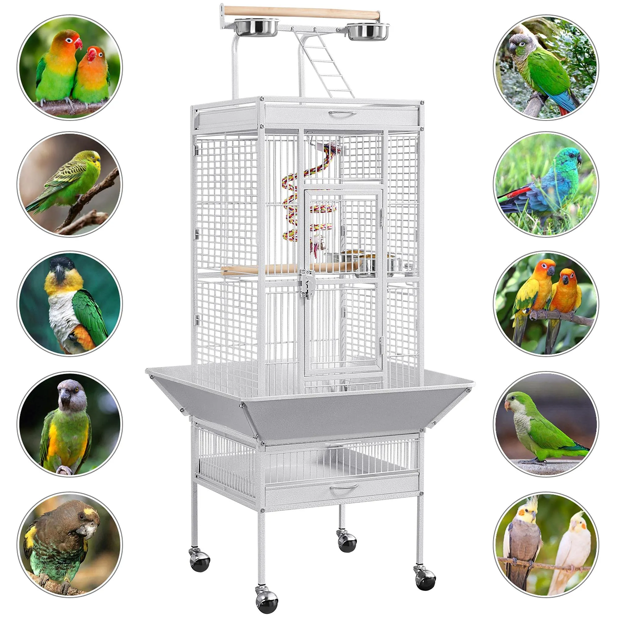 Yaheetech Gabbia Uccelli Metallo Ruote 65,5 × 65,5 × 156 cm Bianca - immagine 6