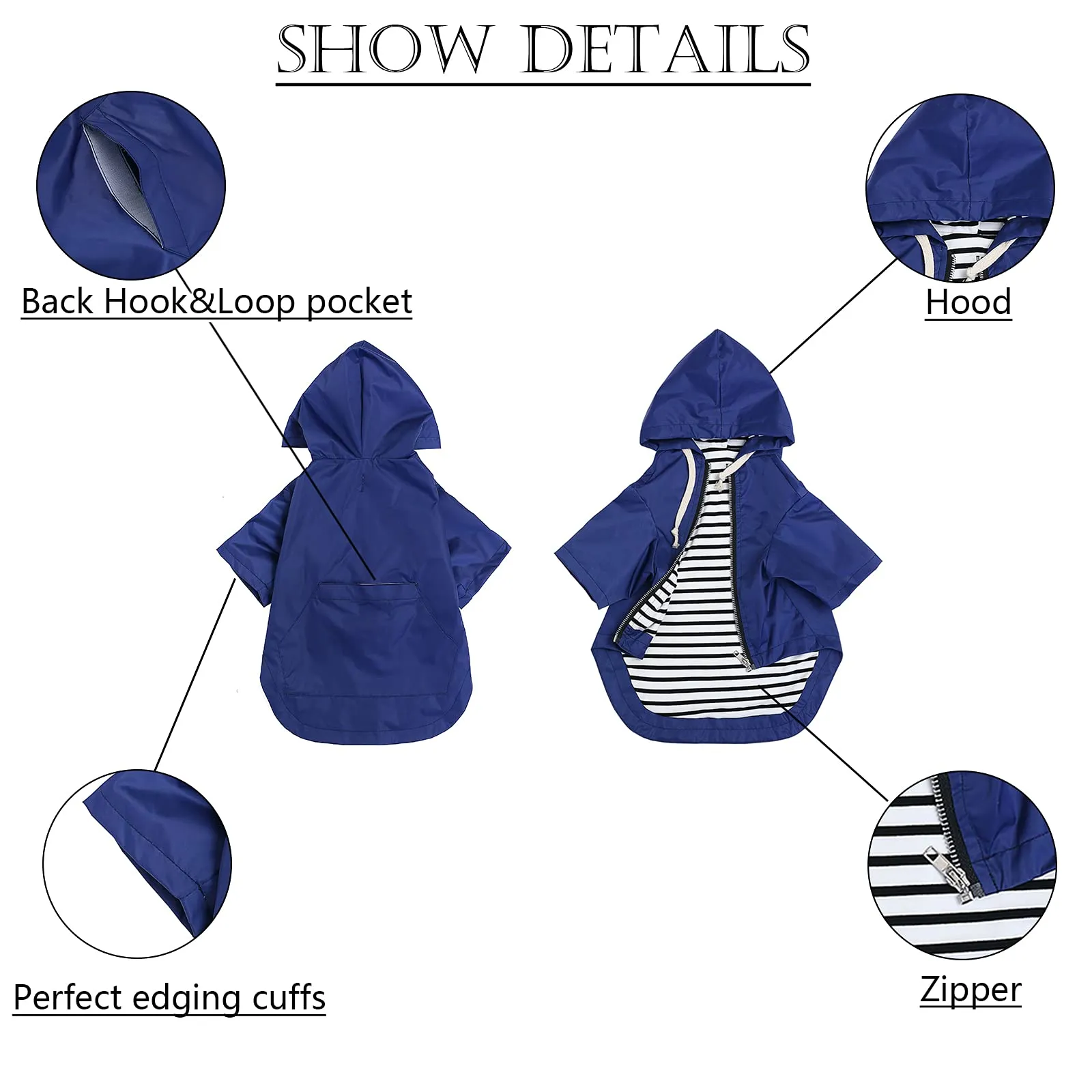 Pethiy - Stile elegante Impermeabile per Cani con cerniera e cappuccio,tasche,leggero poncho con Coulisse e con zampe-Blu-L - immagine 4
