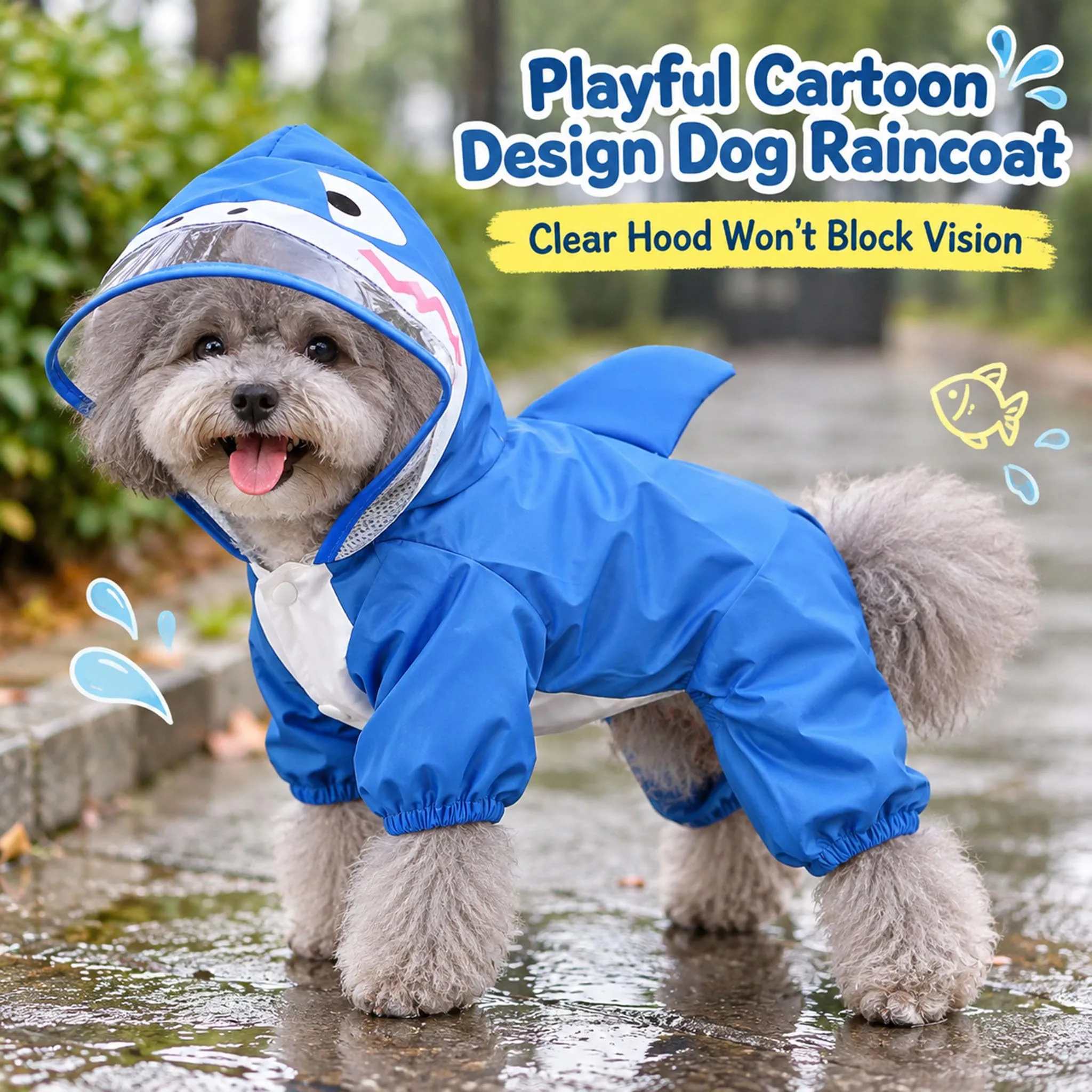 SMALLLEE_LUCKY_STORE - Giacca impermeabile per cani di piccola taglia con guinzaglio con cappuccio e anello a D per cuccioli, giacca da pioggia a 4 gambe, leggera impermeabile, taglia S, Blu - immagine 4